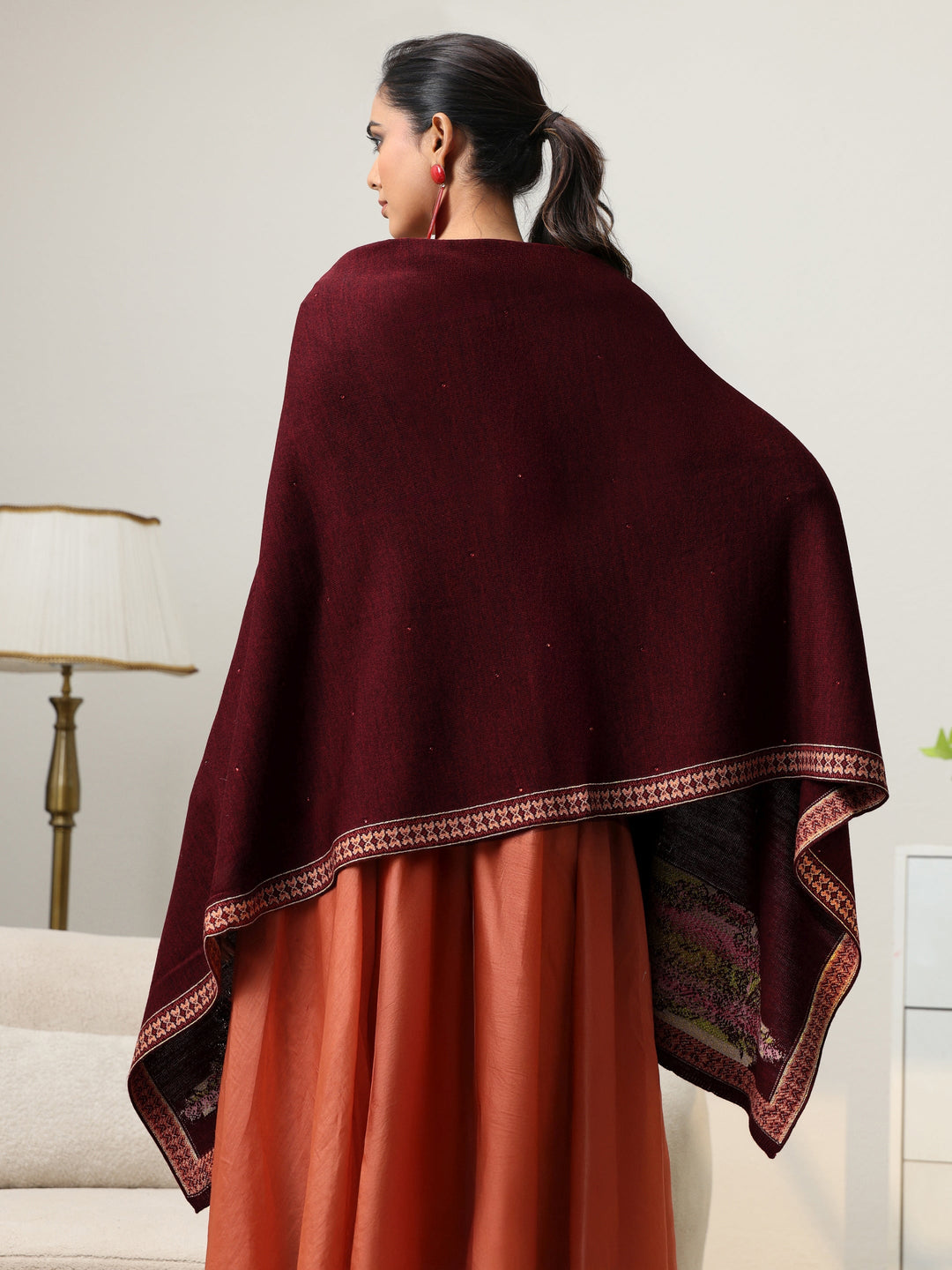  Libas Maroon Floral Knitted Acrylic Wrap Shawl 