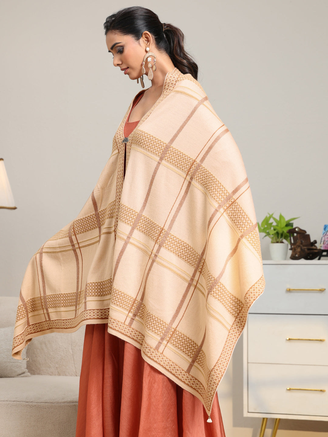  Libas Beige Striped Knitted Acrylic Wrap Shawl 