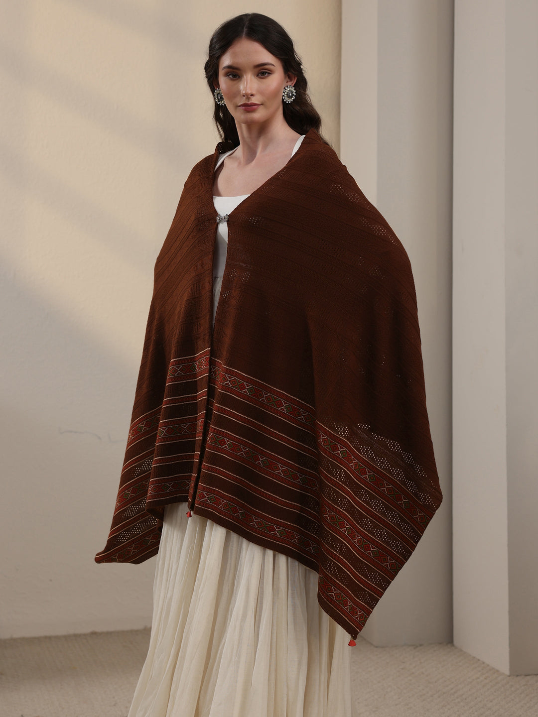  Libas Brown Ethnic Striped Knitted Acrylic Wrap Shawl 