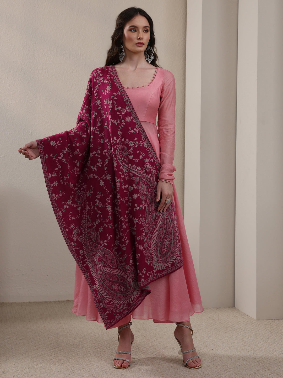  Libas Raspberry Pink Paisley Knitted Acrylic Shawl 