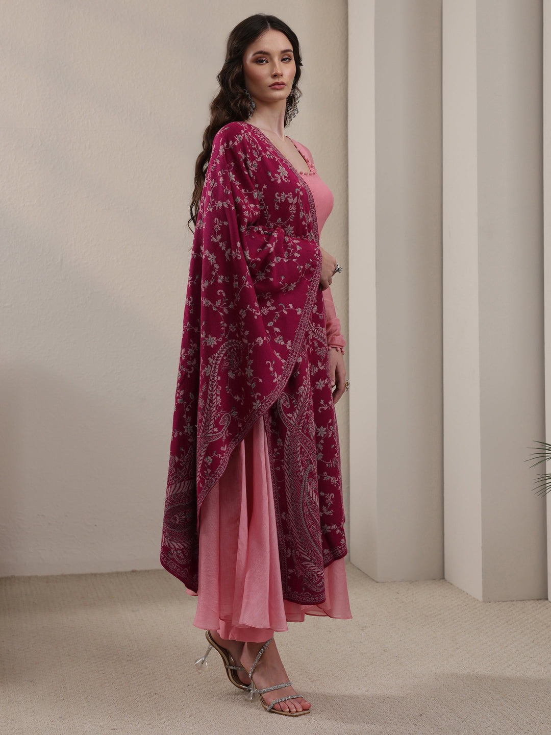  Libas Raspberry Pink Paisley Knitted Acrylic Shawl 