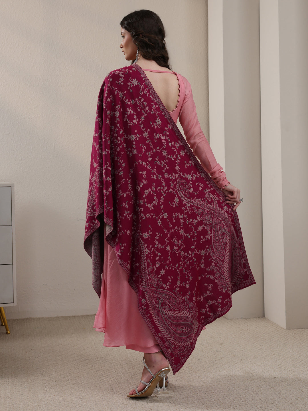  Libas Raspberry Pink Paisley Knitted Acrylic Shawl 