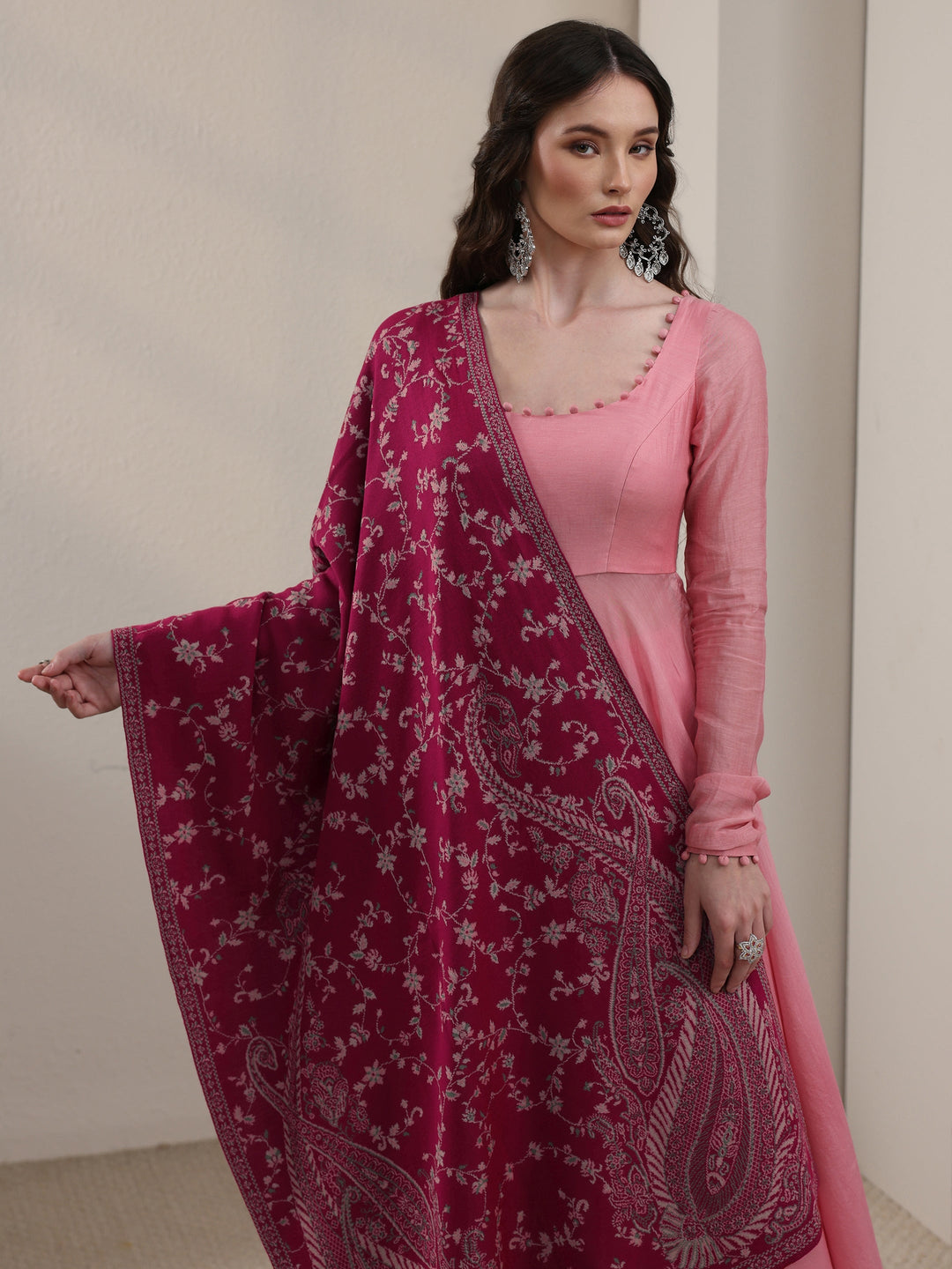  Libas Raspberry Pink Paisley Knitted Acrylic Shawl 