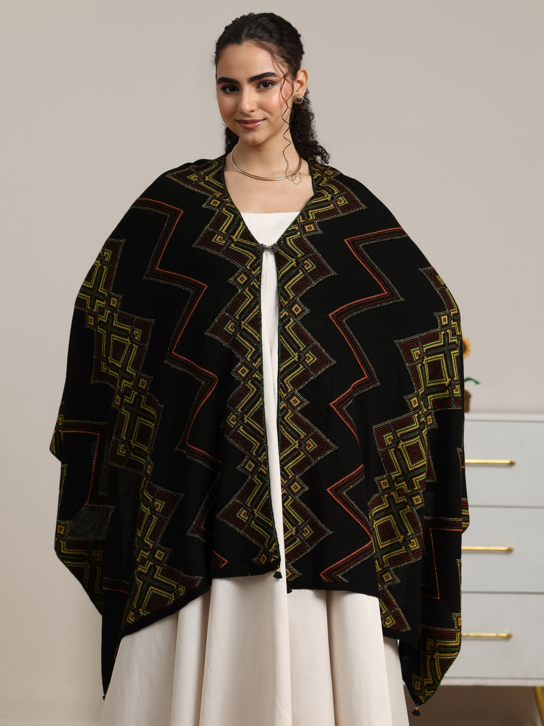  Libas Black Geometric Knitted Acrylic Wrap Shawl 
