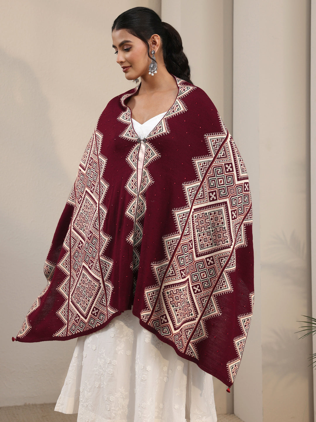  Libas Maroon Geometric Knitted Acrylic Wrap Shawl 