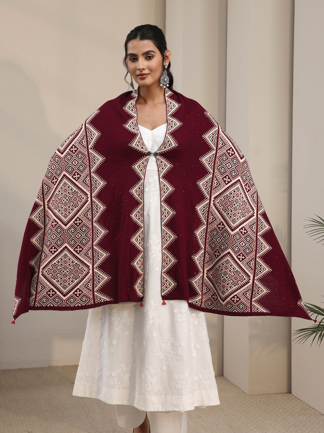  Libas Maroon Geometric Knitted Acrylic Wrap Shawl 