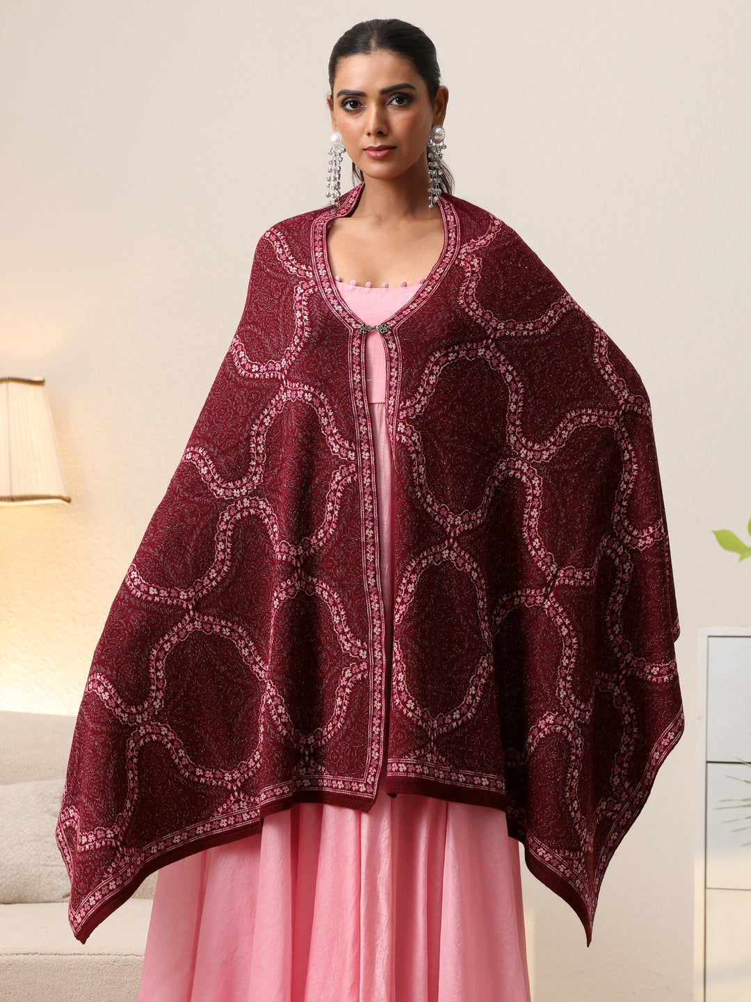  Libas Maroon Geometric Knitted Acrylic Wrap Shawl 