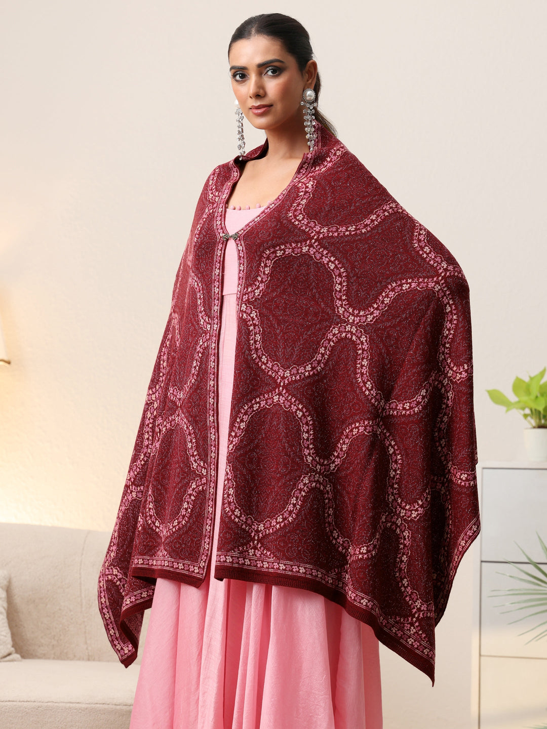  Libas Maroon Geometric Knitted Acrylic Wrap Shawl 
