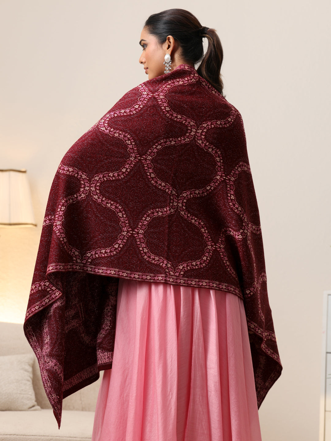  Libas Maroon Geometric Knitted Acrylic Wrap Shawl 