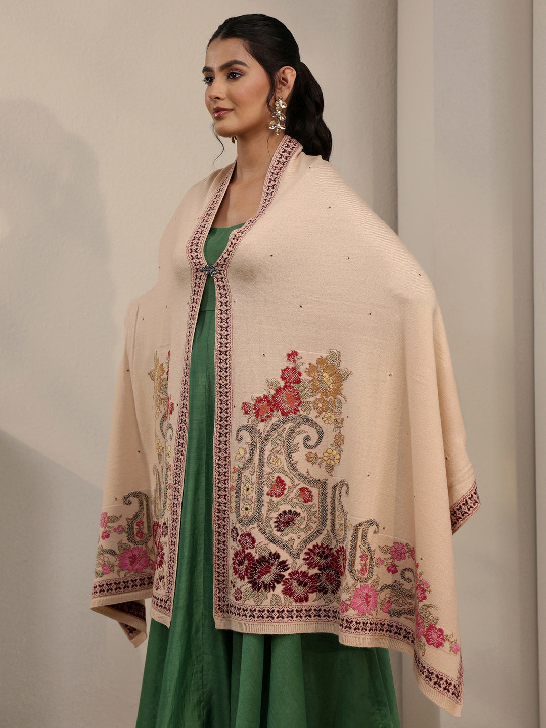  Libas Beige Floral Knitted Acrylic Wrap Shawl 