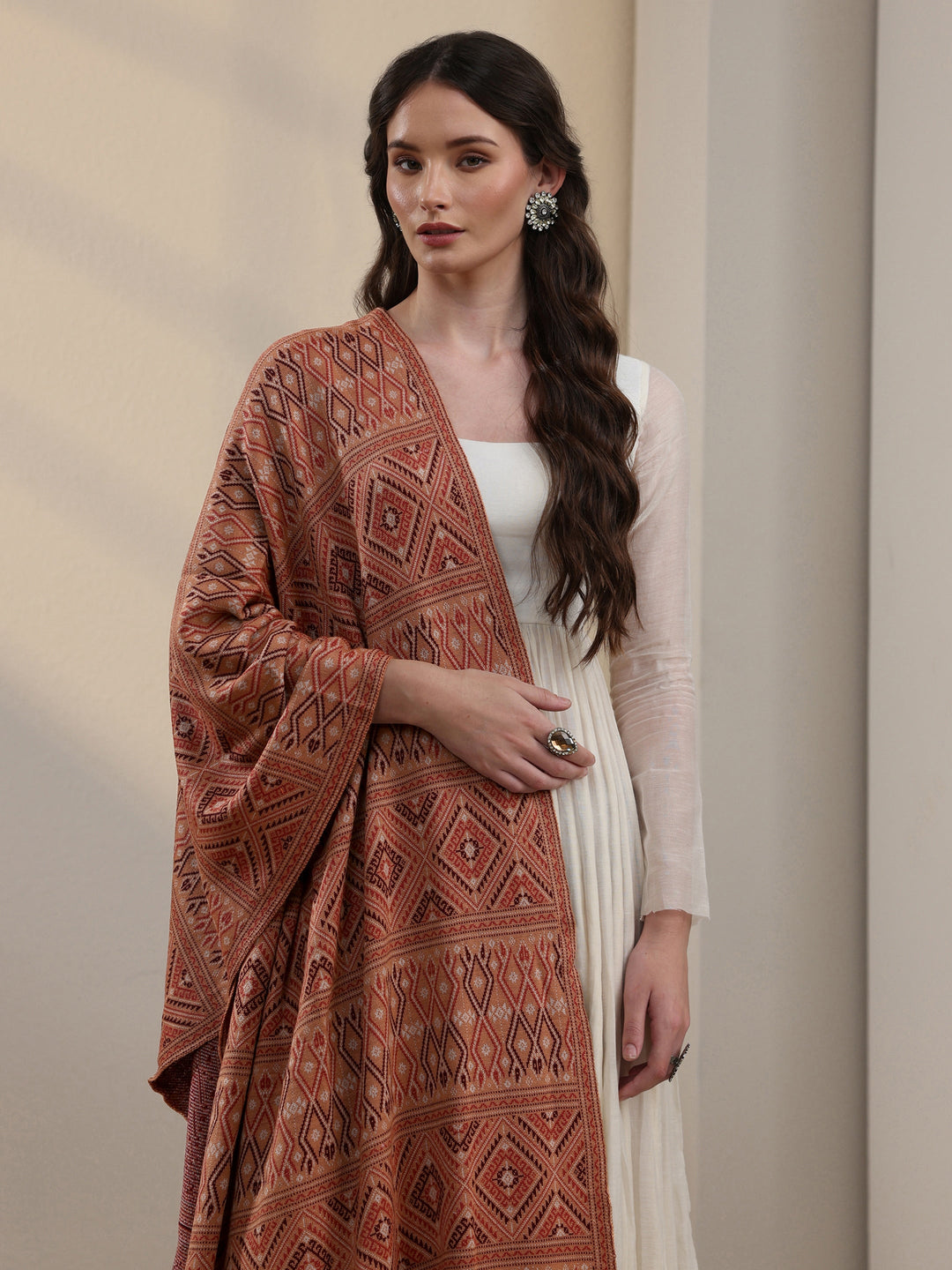  Libas Rust Geometric Knitted Acrylic Shawl 