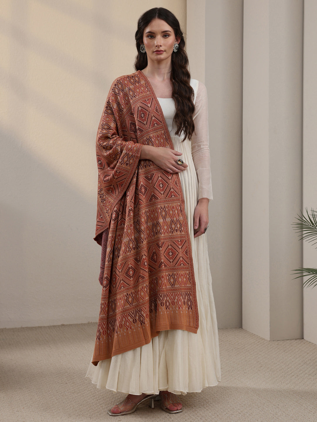  Libas Rust Geometric Knitted Acrylic Shawl 
