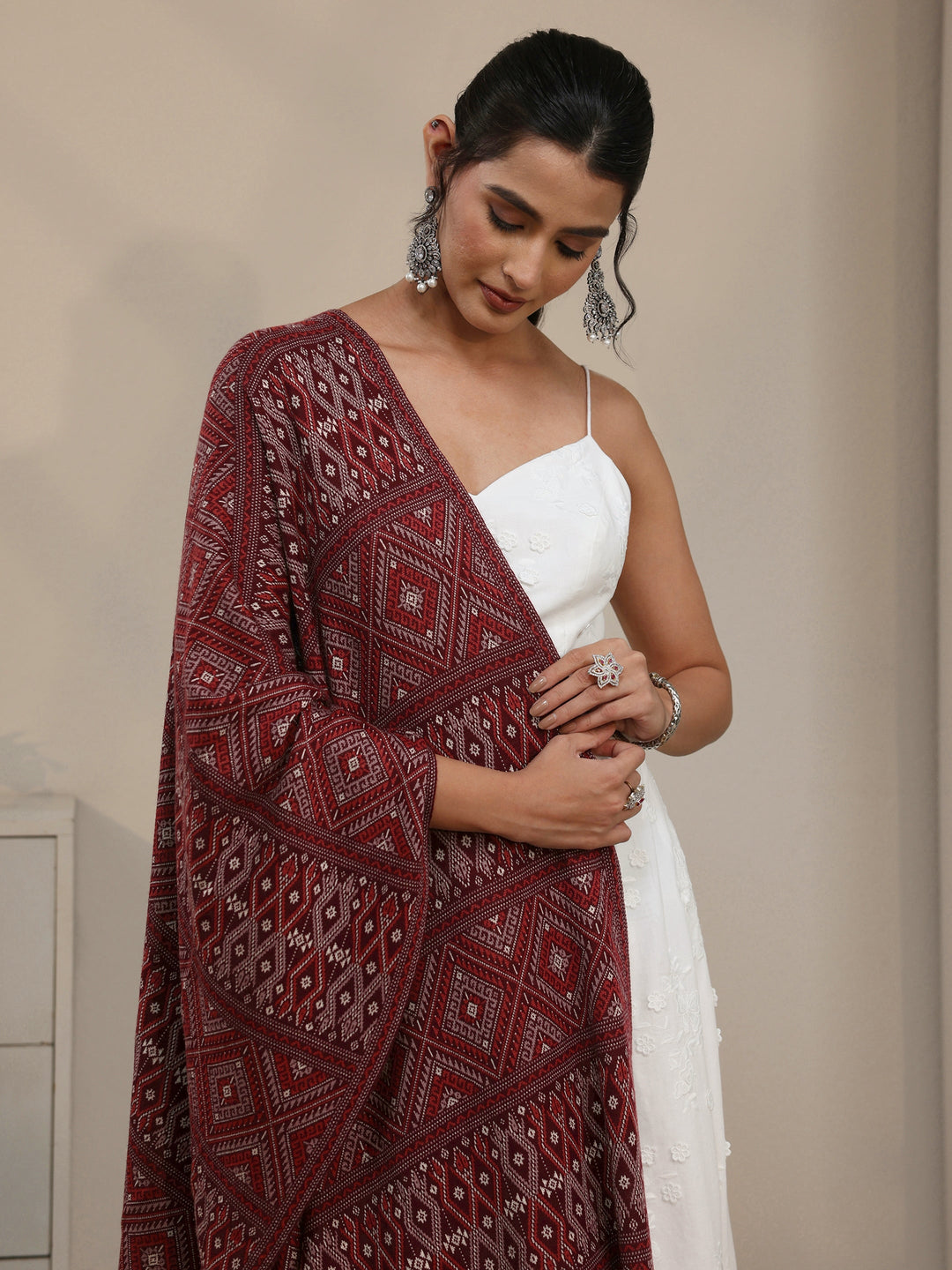  Libas Maroon Geometric Knitted Acrylic Shawl 