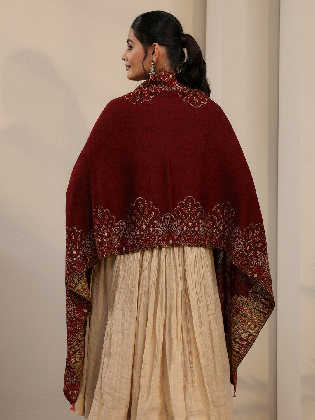  Libas Maroon Ethnic Knitted Acrylic Wrap Shawl 