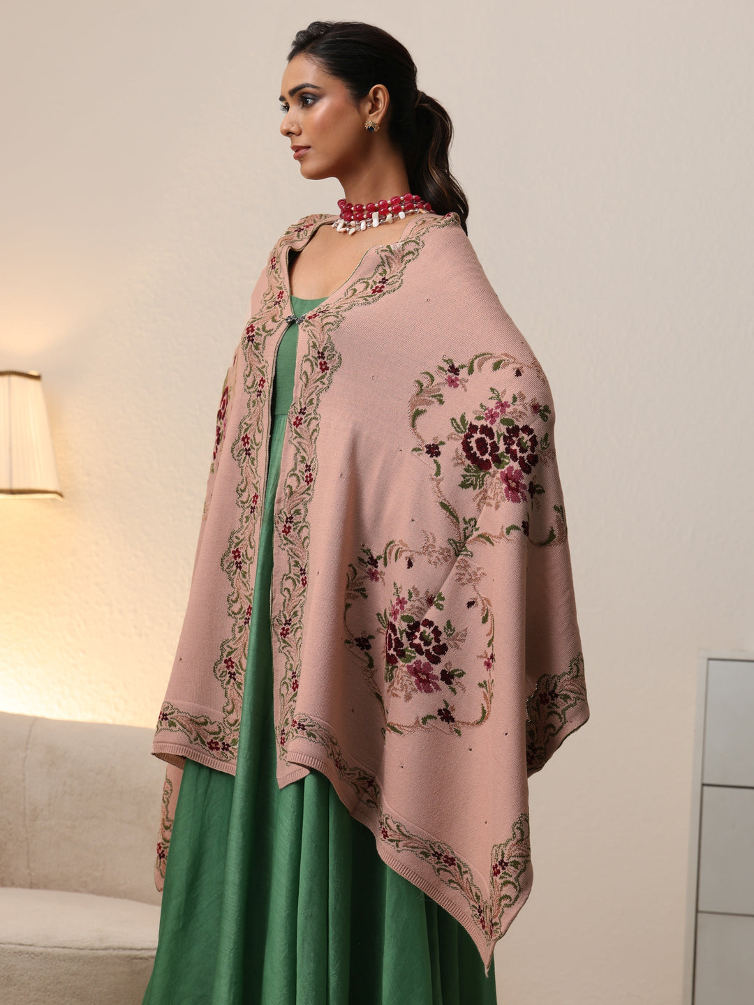  Libas Beige Floral Knitted Acrylic Wrap Shawl 