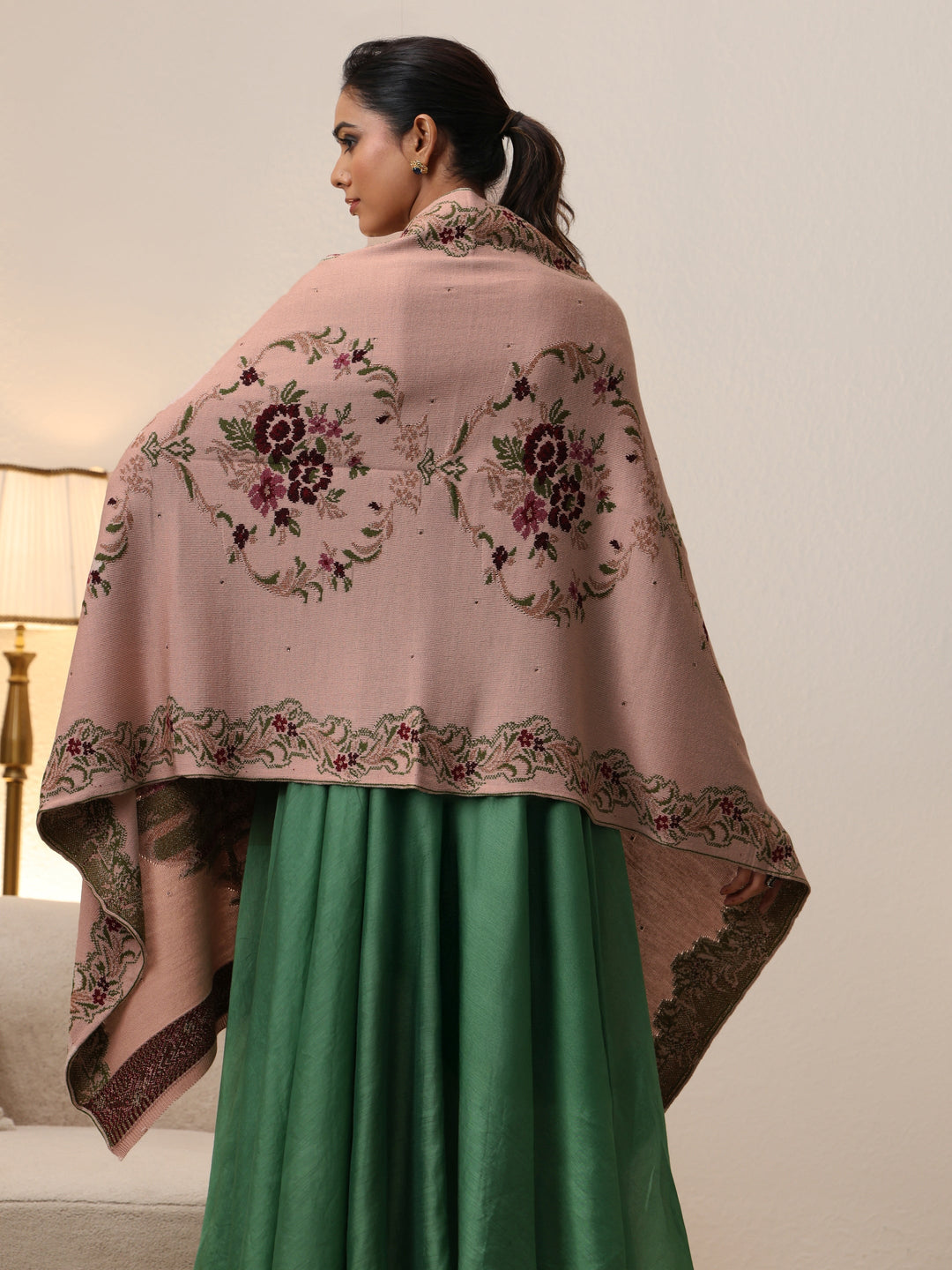  Libas Beige Floral Knitted Acrylic Wrap Shawl 
