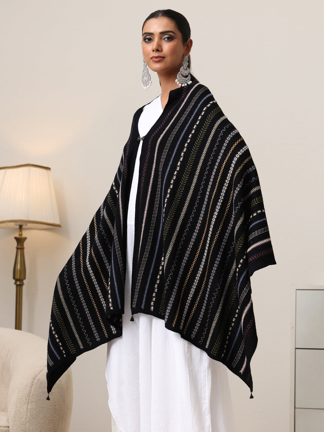  Libas Black Striped Knitted Acrylic Wrap Shawl 