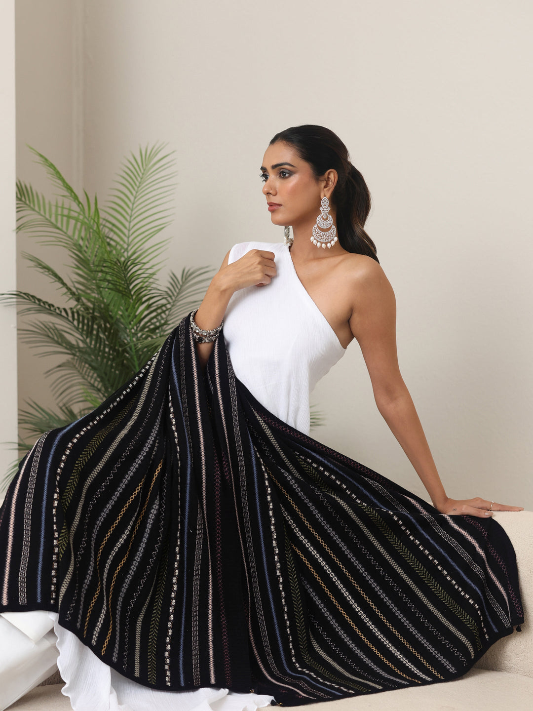 Libas Black Striped Knitted Acrylic Wrap Shawl 
