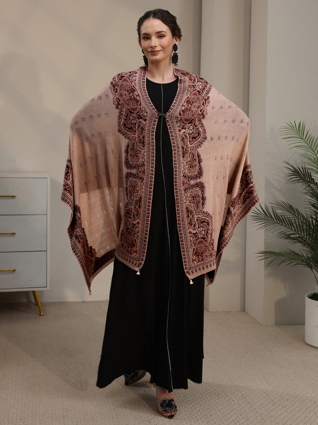  Libas Beige Ethnic Mesh Knitted Acrylic Wrap Shawl 