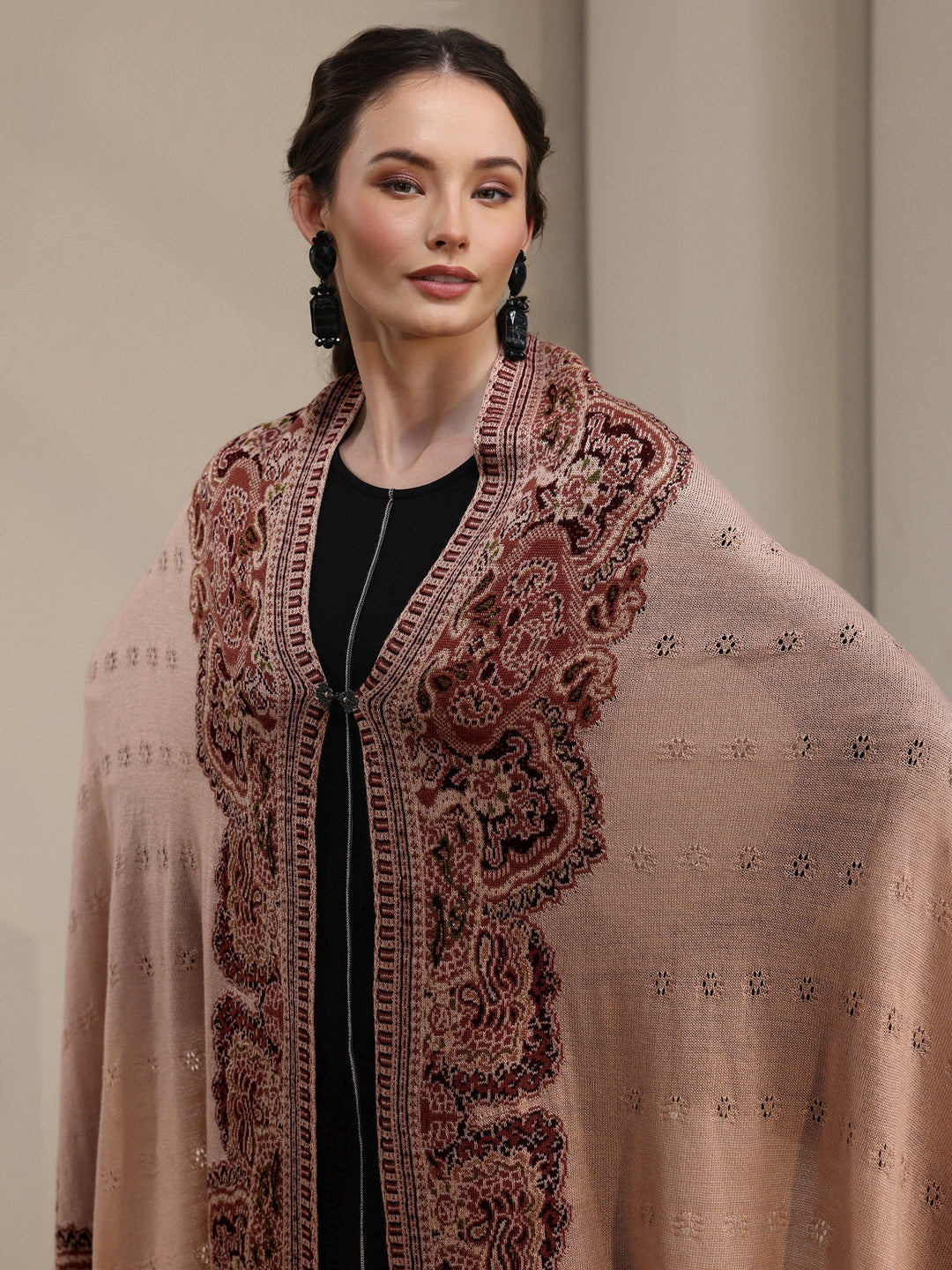 Libas Beige Ethnic Mesh Knitted Acrylic Wrap Shawl 