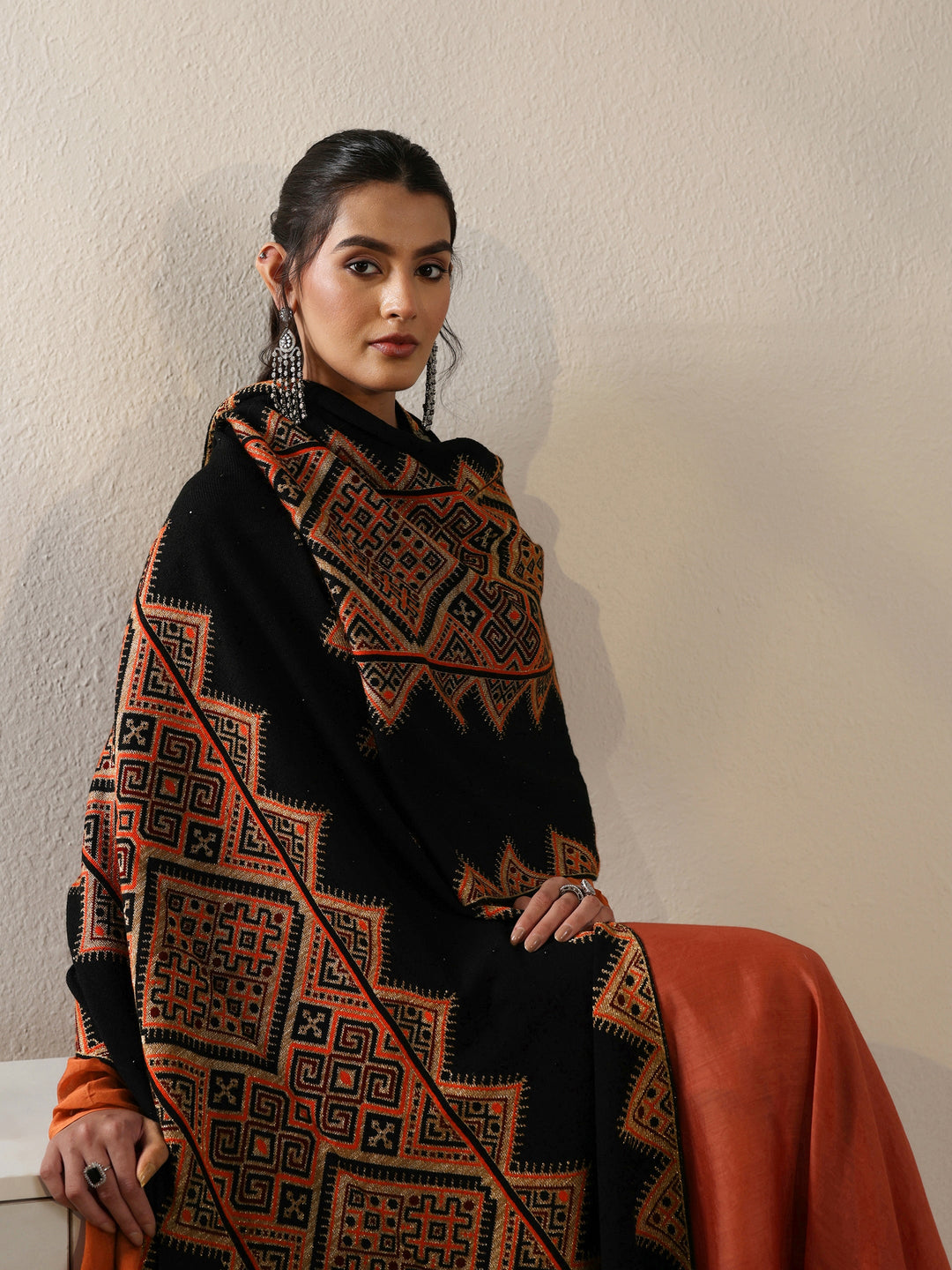  Libas Black Geometric Knitted Acrylic Wrap Shawl 
