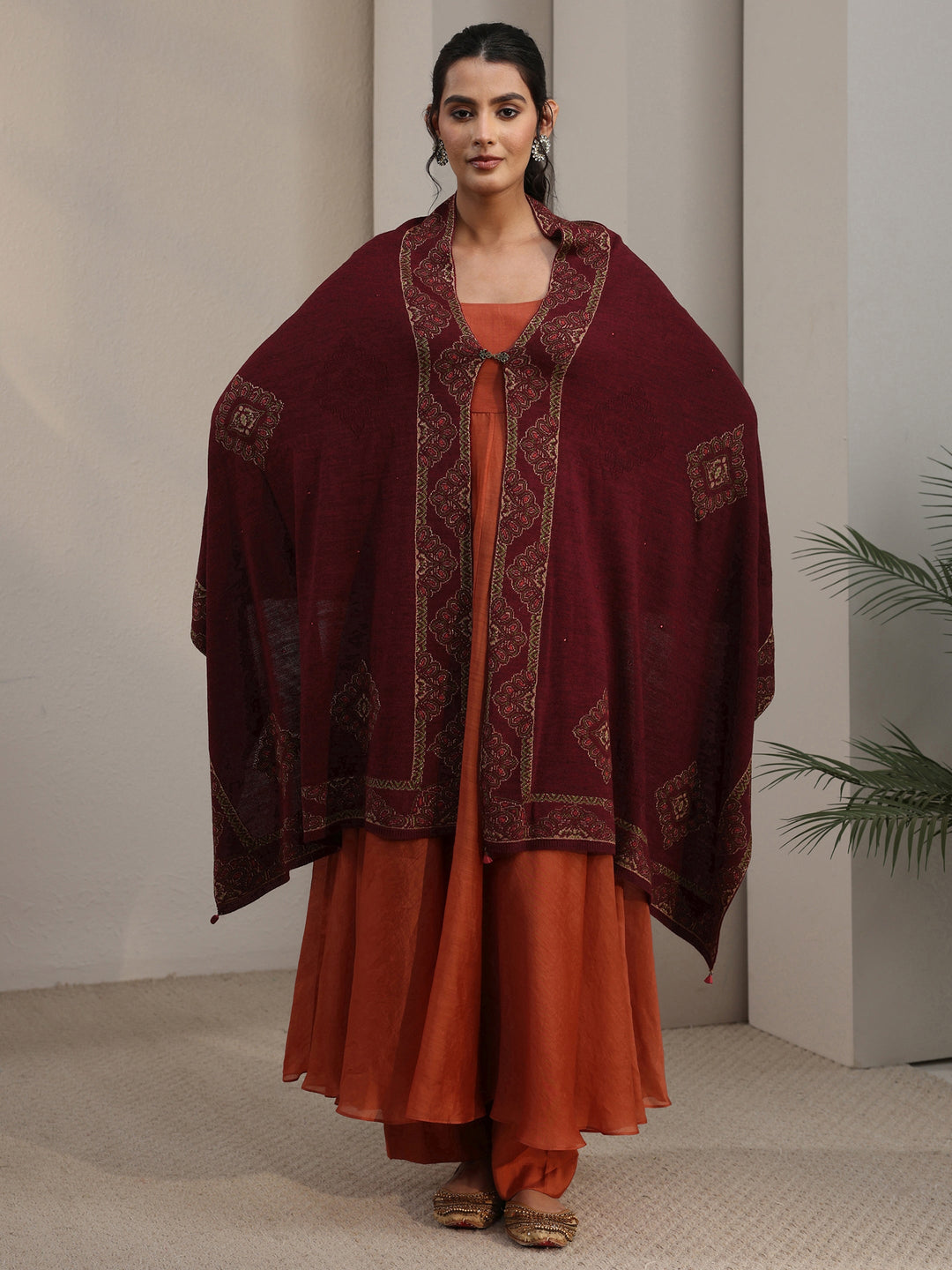  Libas Maroon Ethnic Knitted Acrylic Wrap Shawl 