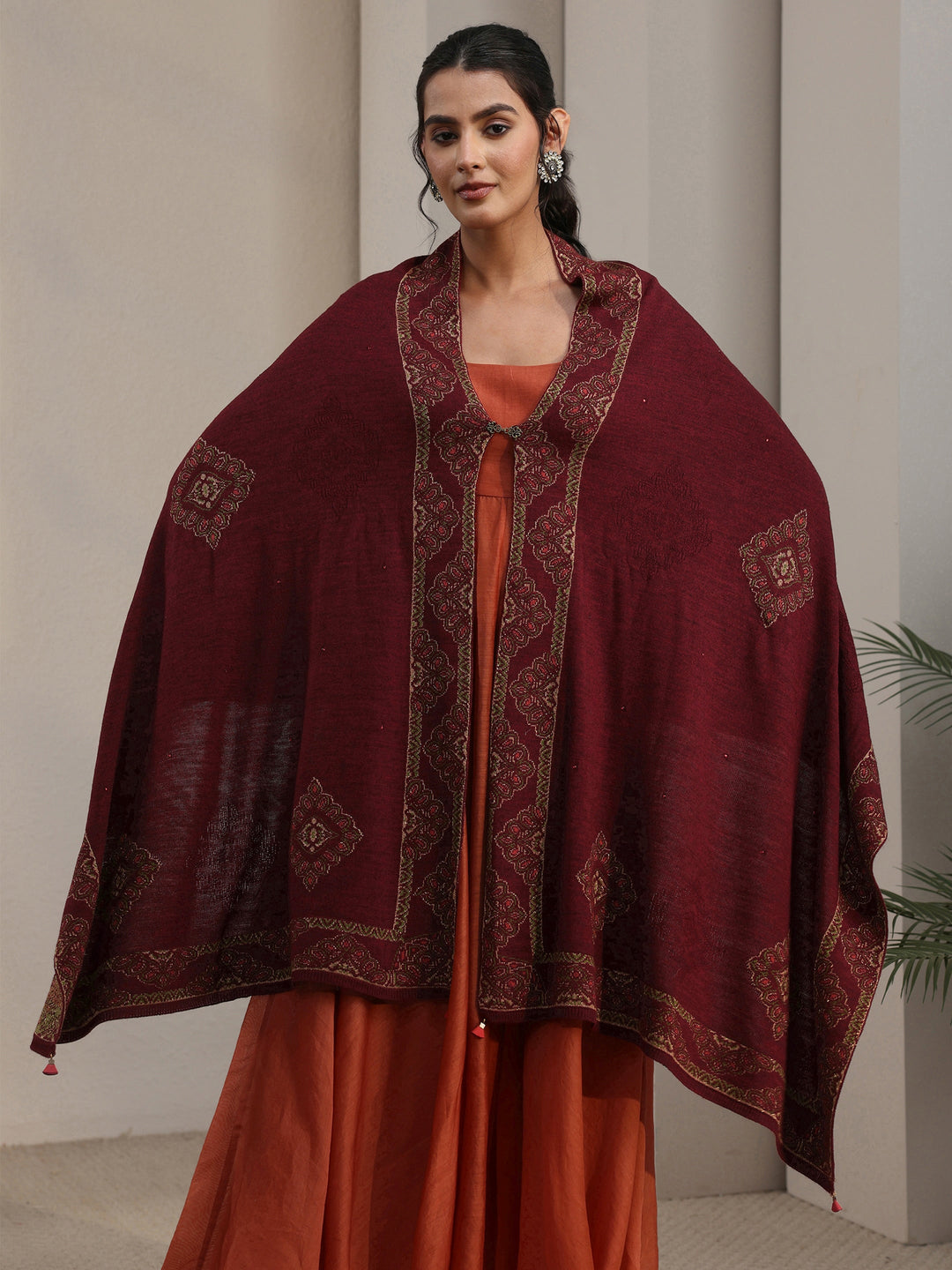  Libas Maroon Ethnic Knitted Acrylic Wrap Shawl 