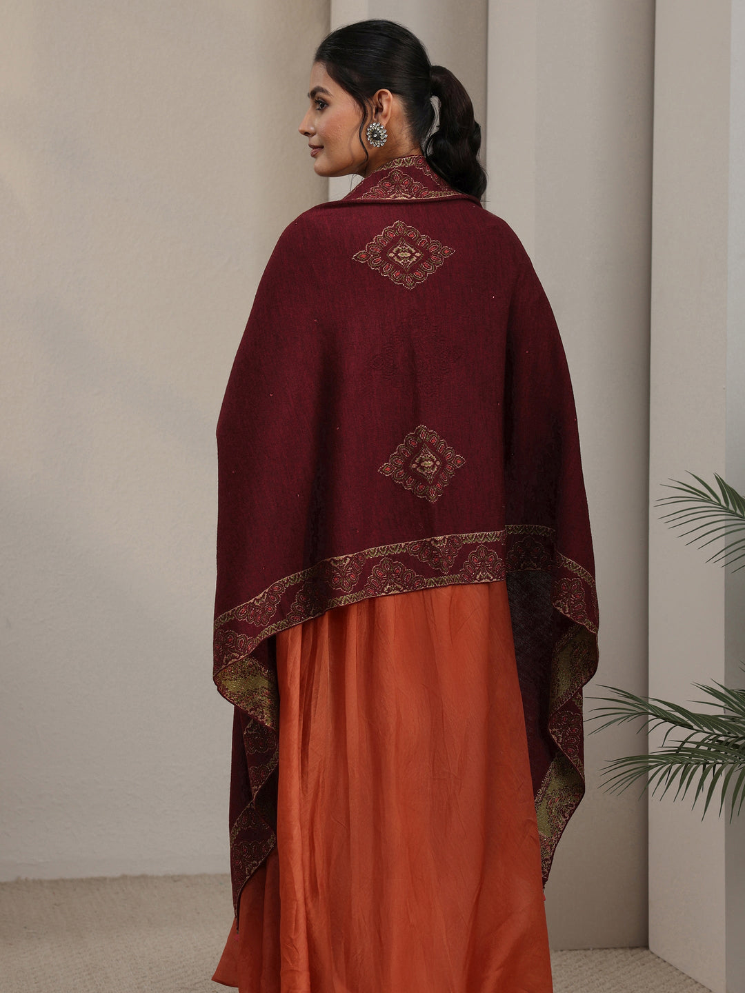  Libas Maroon Ethnic Knitted Acrylic Wrap Shawl 