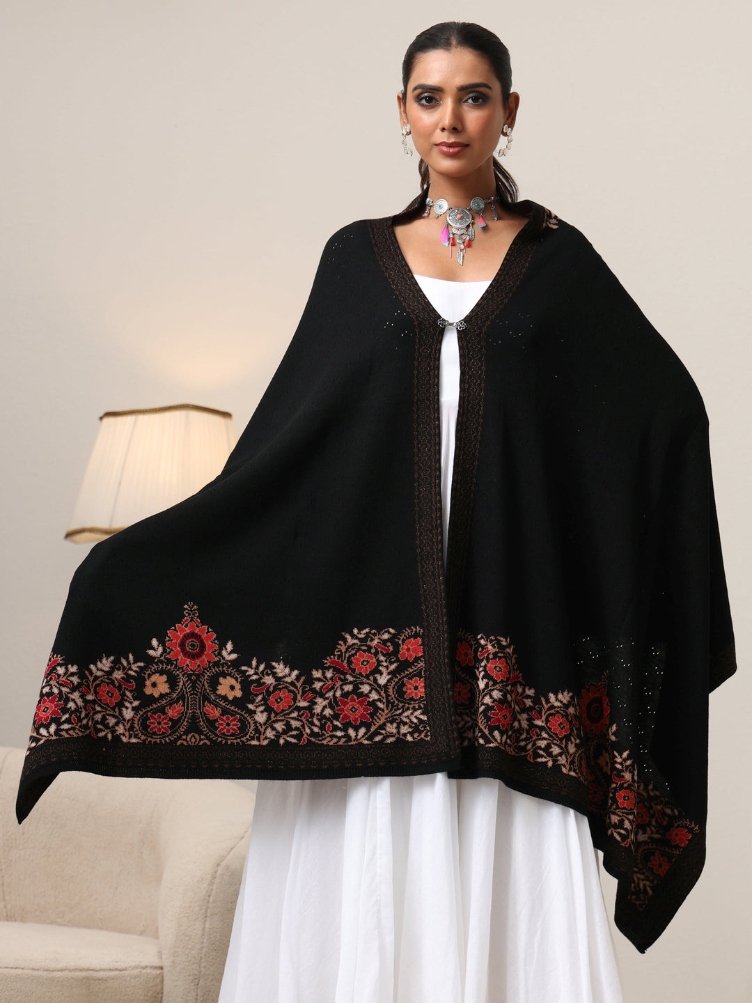 Libas Black Floral Knitted Acrylic Wrap Shawl