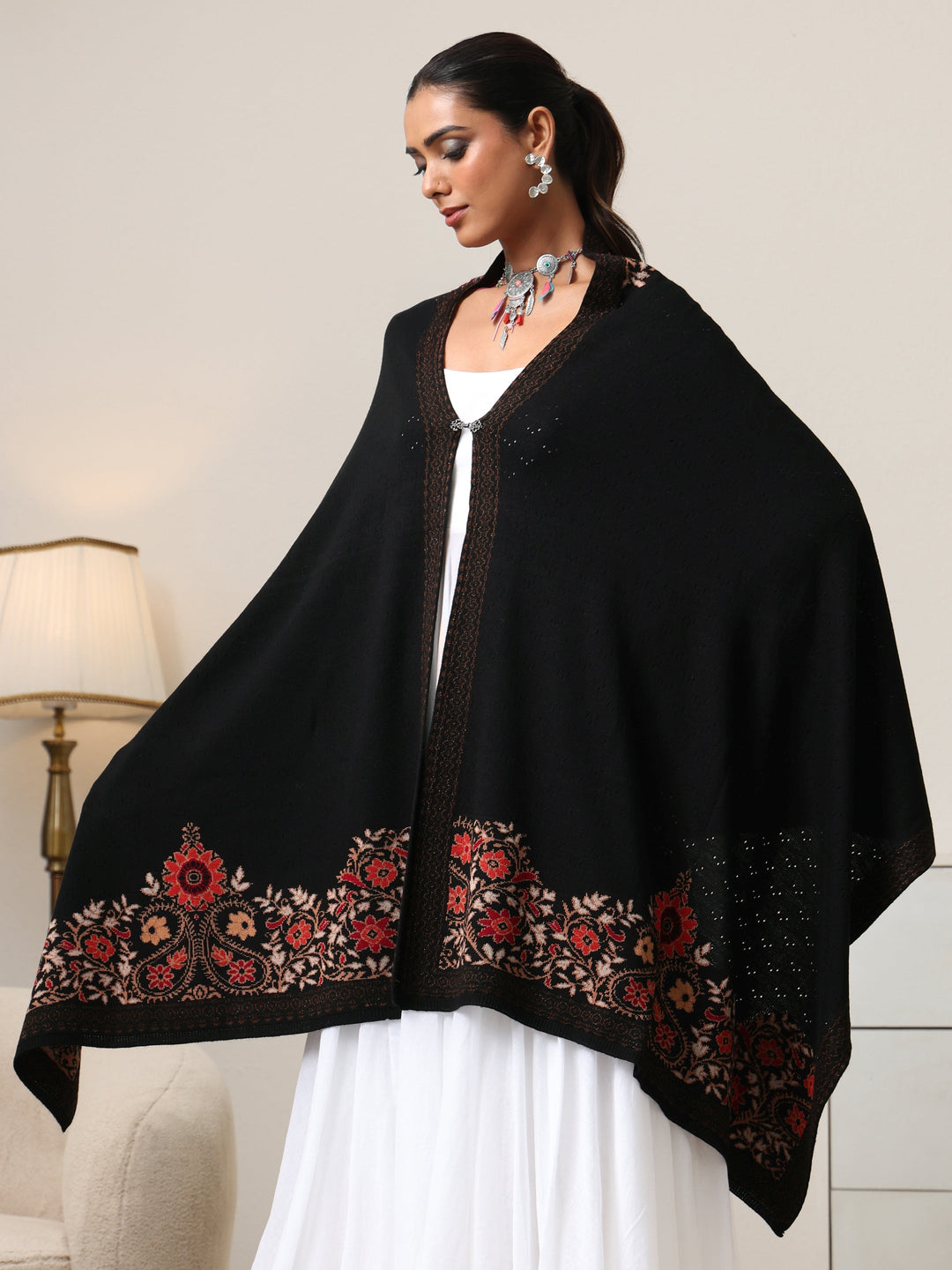  Libas Black Floral Knitted Acrylic Wrap Shawl 