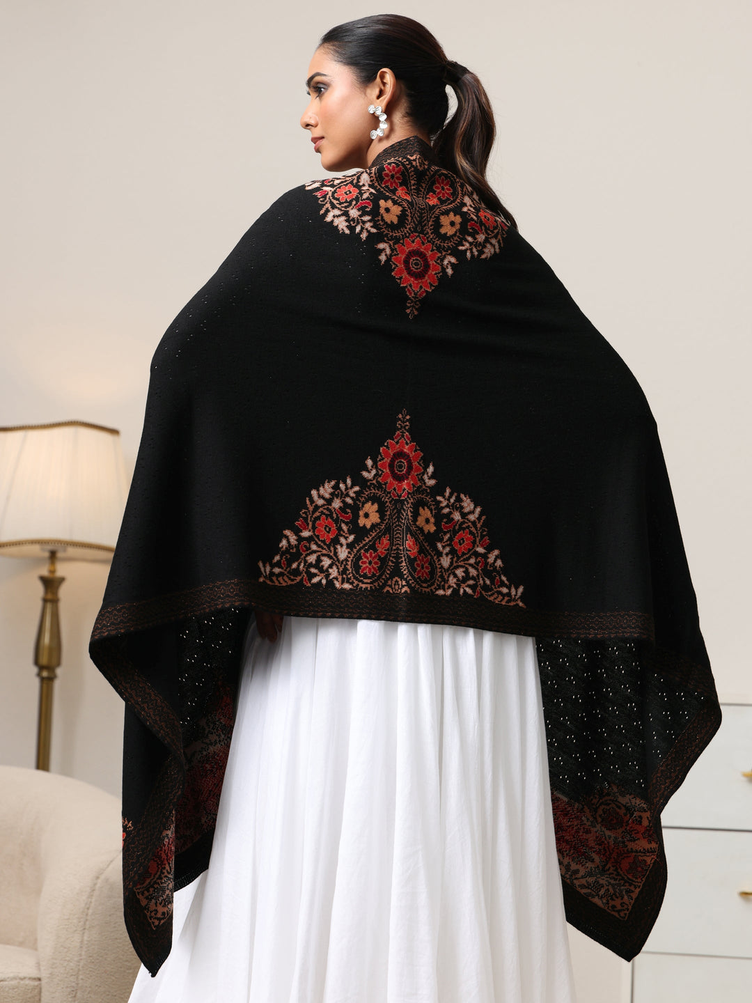  Libas Black Floral Knitted Acrylic Wrap Shawl 