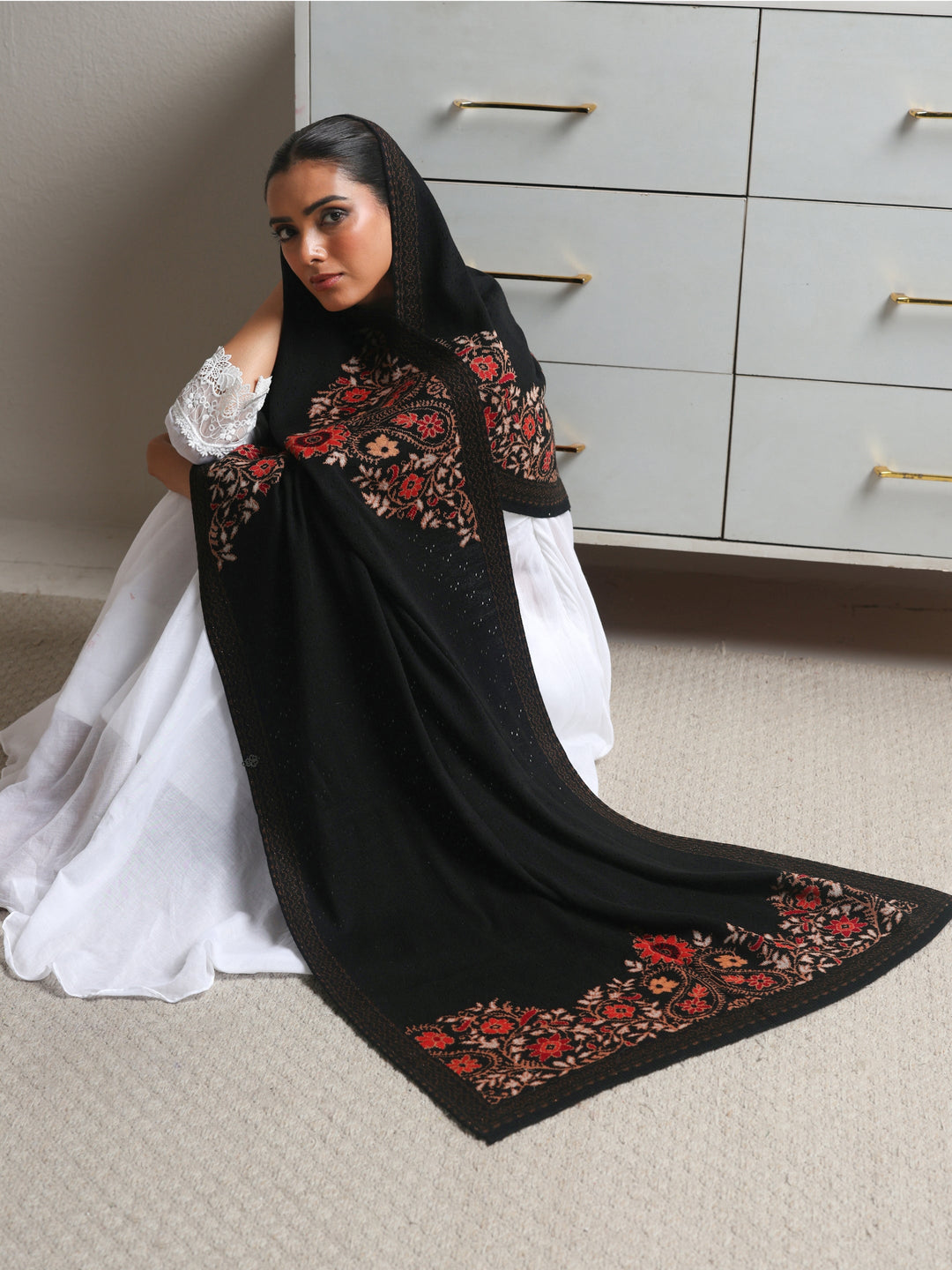  Libas Black Floral Knitted Acrylic Wrap Shawl 