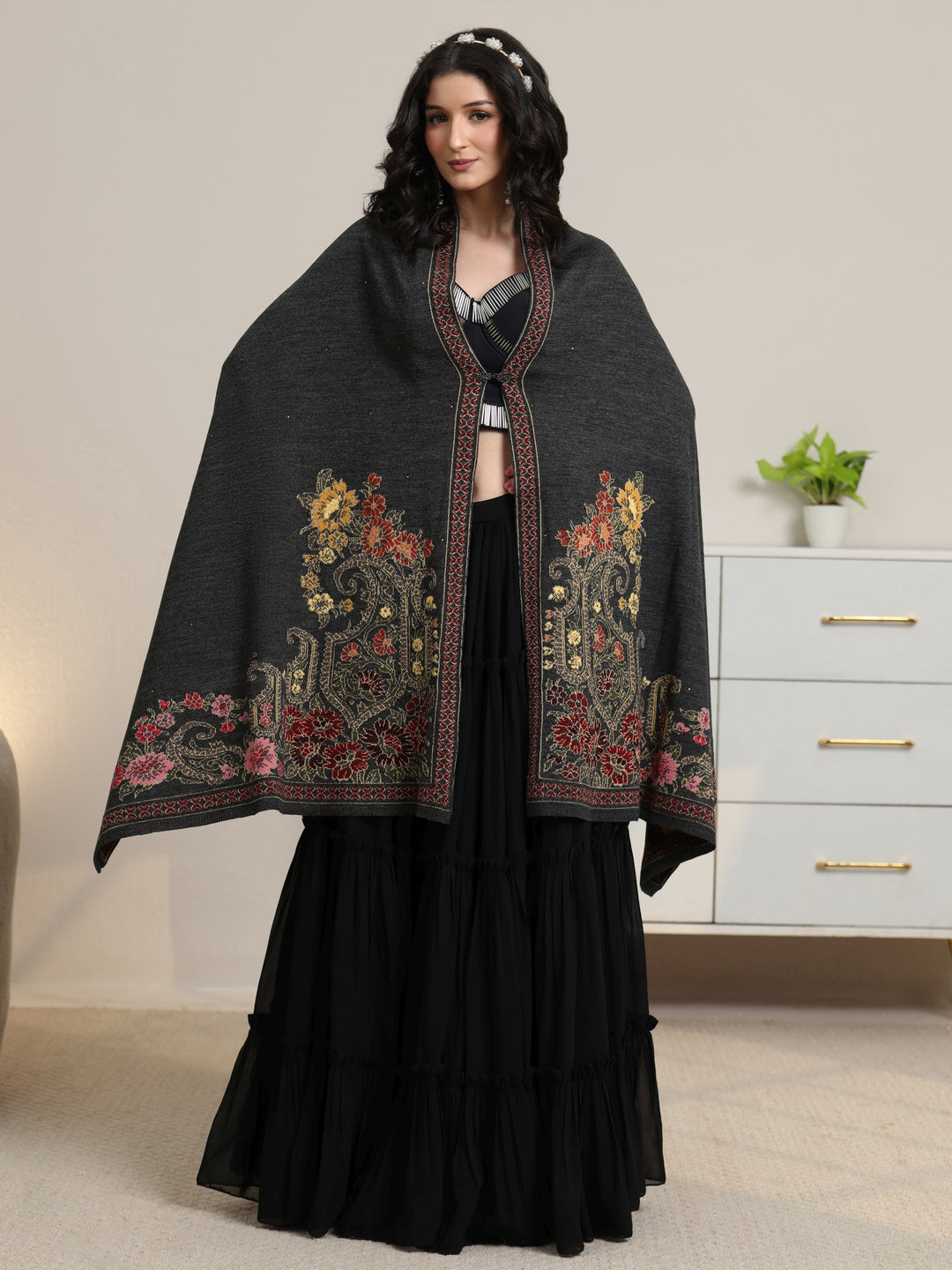  Libas Dark Grey Floral Knitted Acrylic Wrap Shawl 