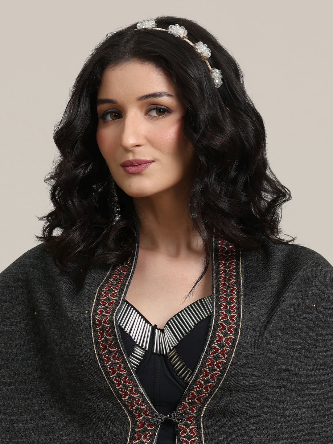  Libas Dark Grey Floral Knitted Acrylic Wrap Shawl 