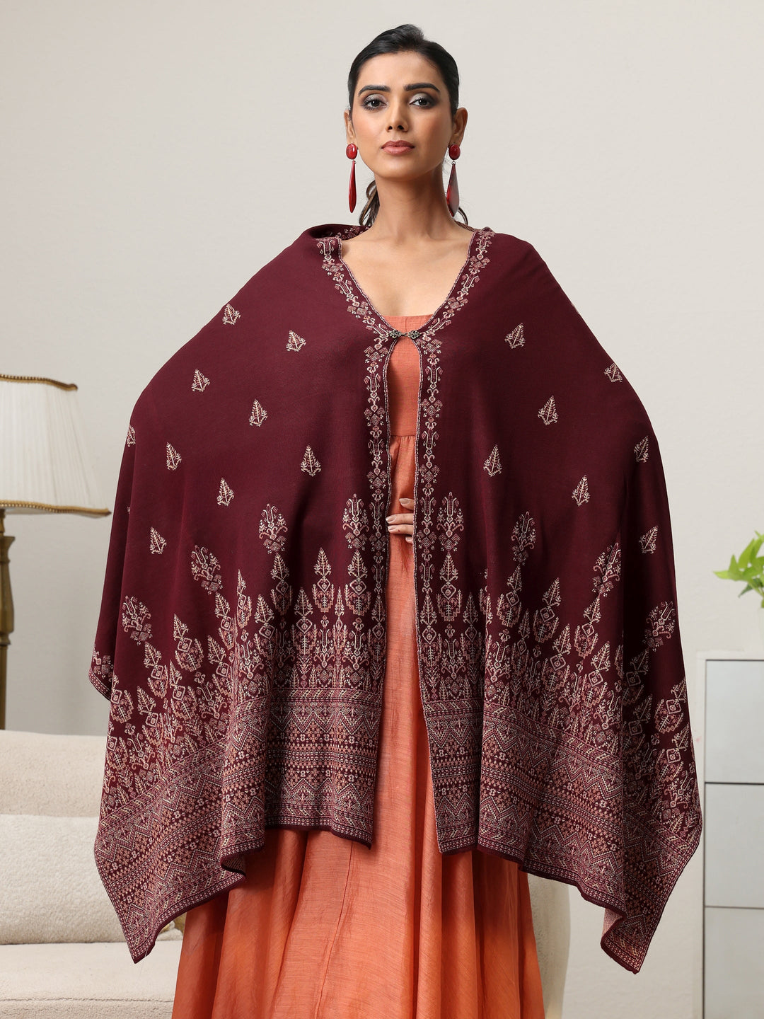  Libas Maroon Ethnic Knitted Acrylic Wrap Shawl 