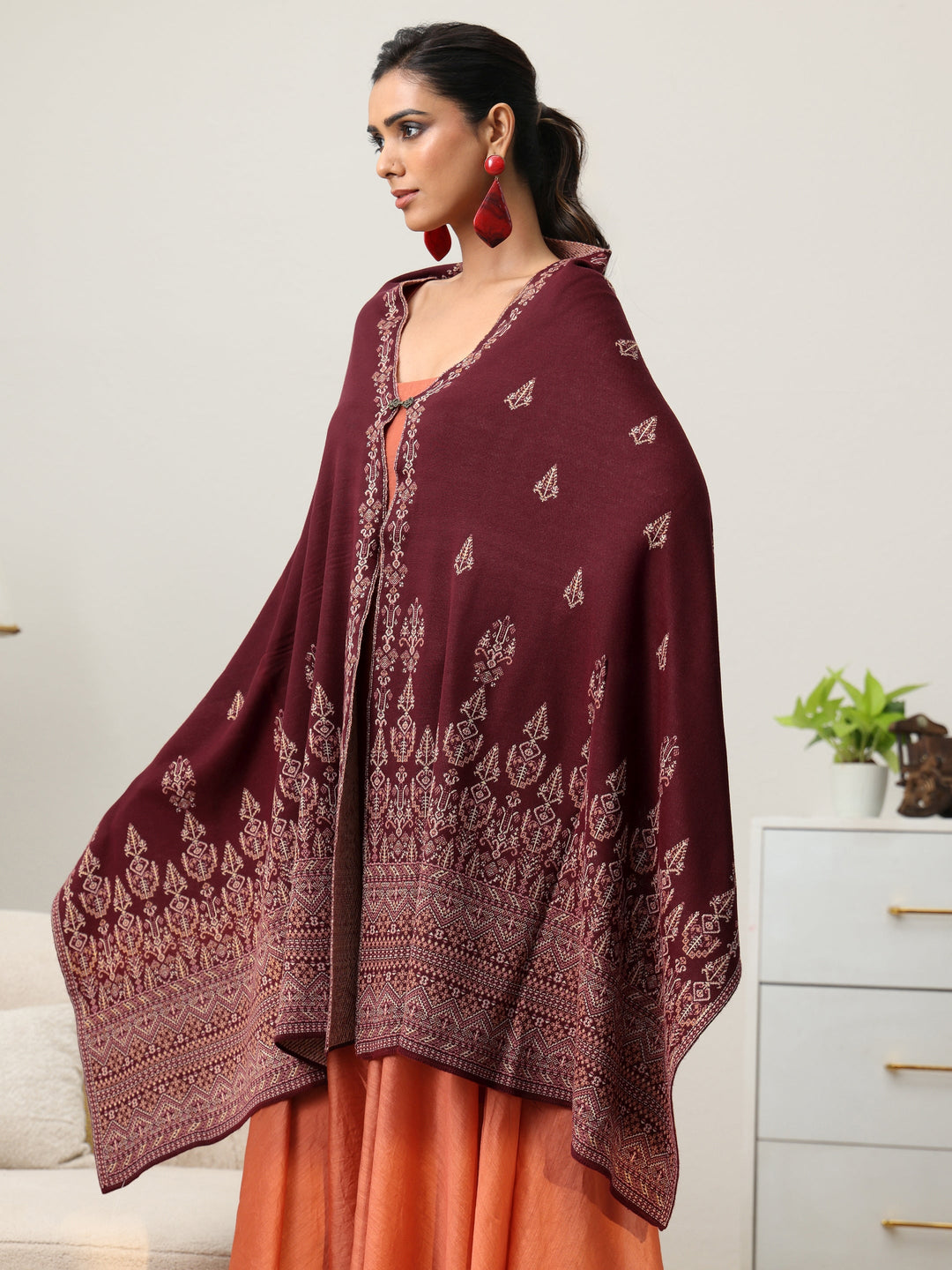  Libas Maroon Ethnic Knitted Acrylic Wrap Shawl 