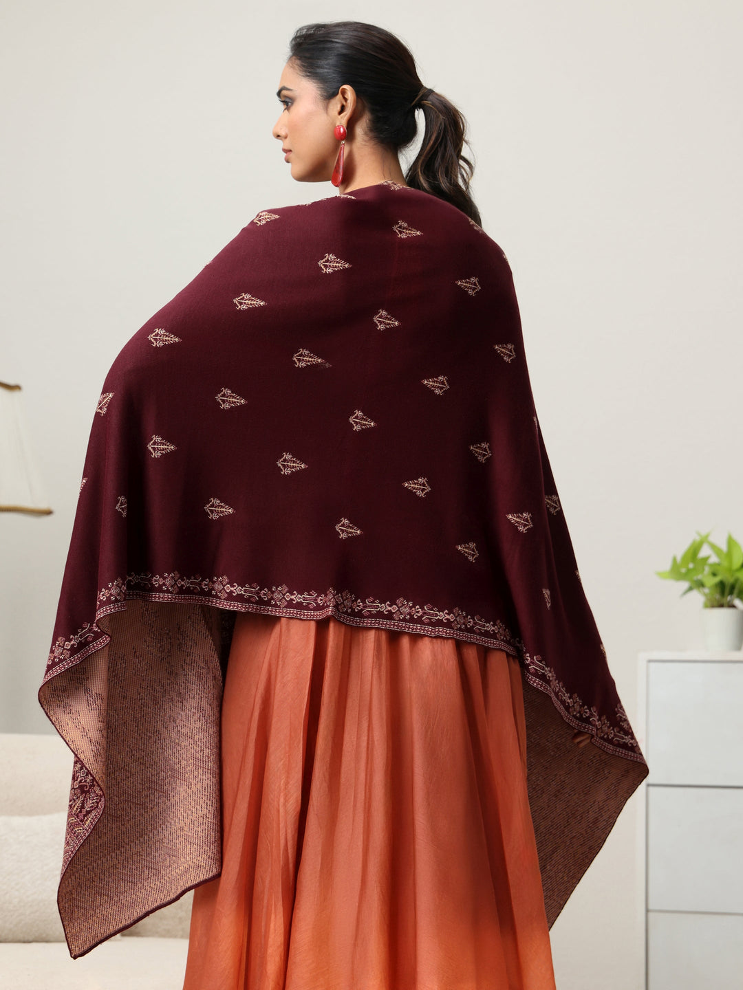  Libas Maroon Ethnic Knitted Acrylic Wrap Shawl 