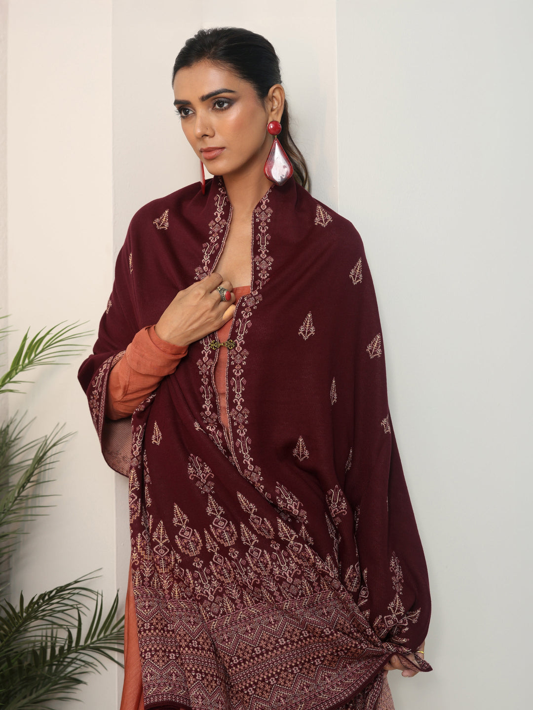  Libas Maroon Ethnic Knitted Acrylic Wrap Shawl 