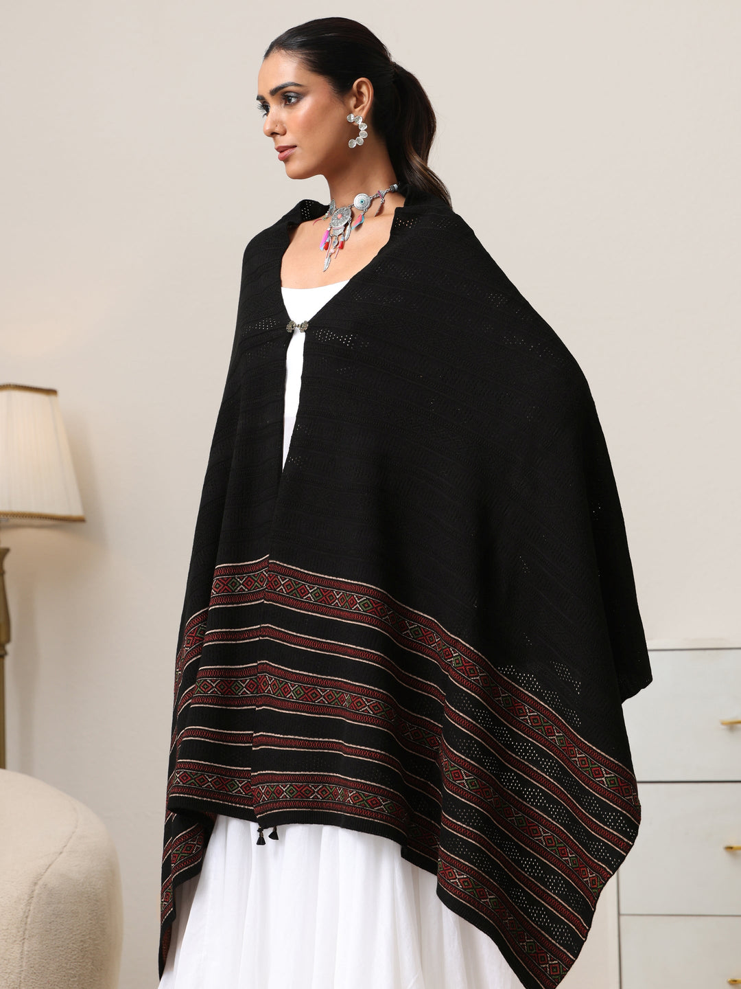  Libas Black Ethnic Knitted Acrylic Wrap Shawl 