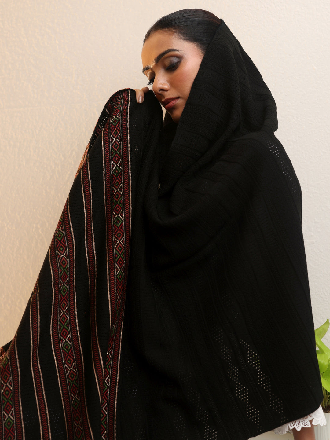  Libas Black Ethnic Knitted Acrylic Wrap Shawl 