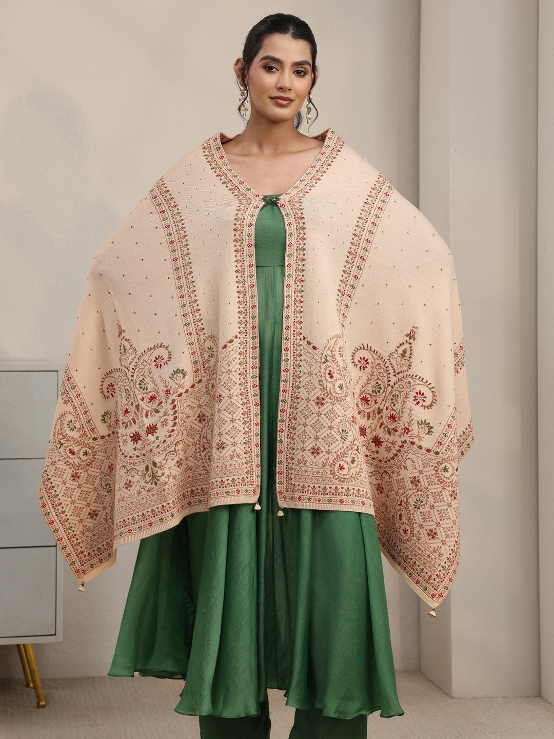  Libas Beige Floral Knitted Acrylic Wrap Shawl 