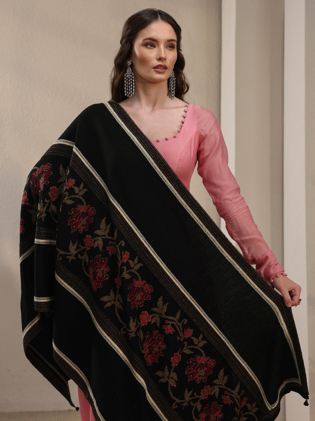  Libas Black Floral Knitted Acrylic Shawl 
