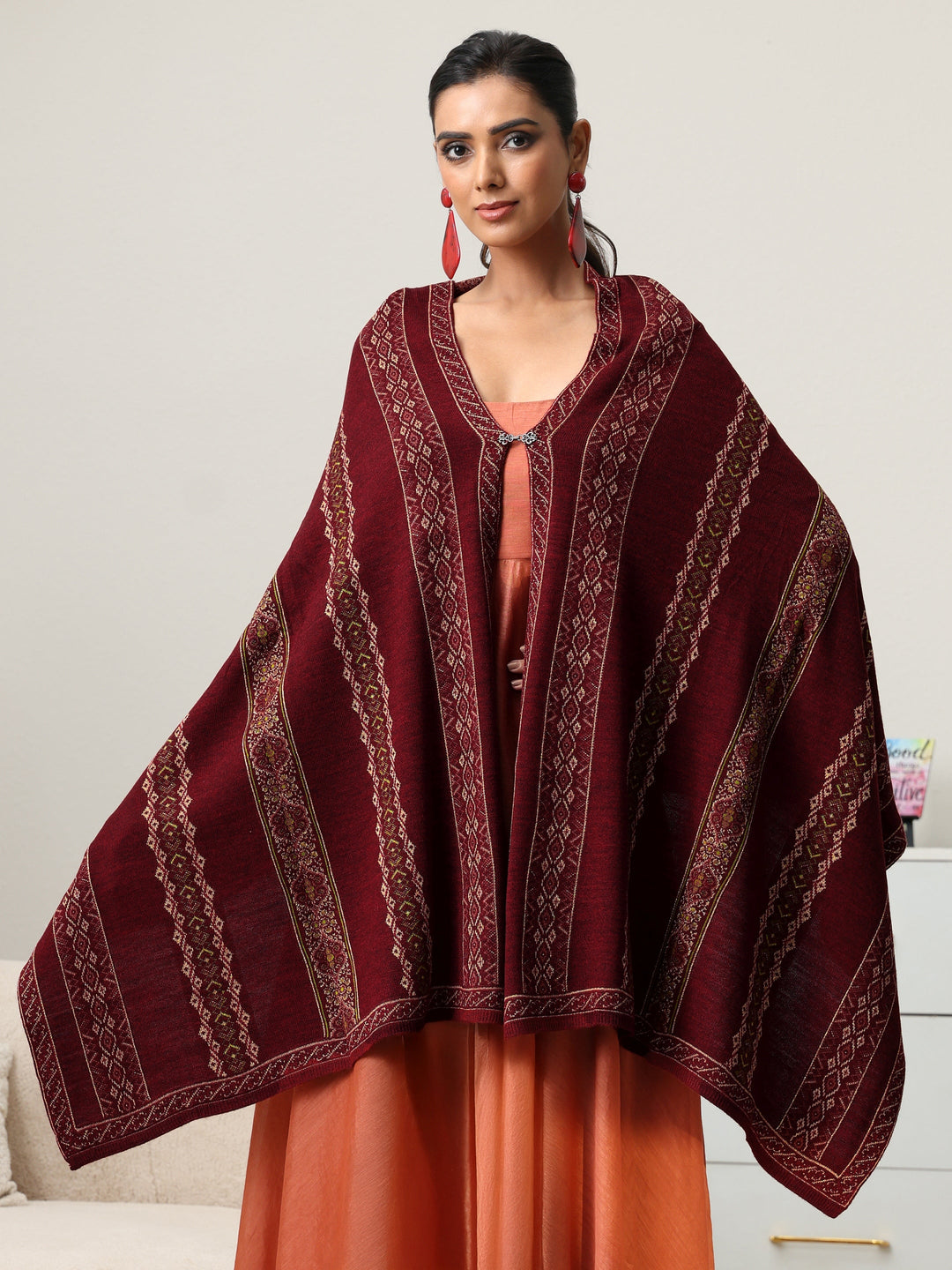  Libas Maroon Ethnic Knitted Acrylic Wrap Shawl 