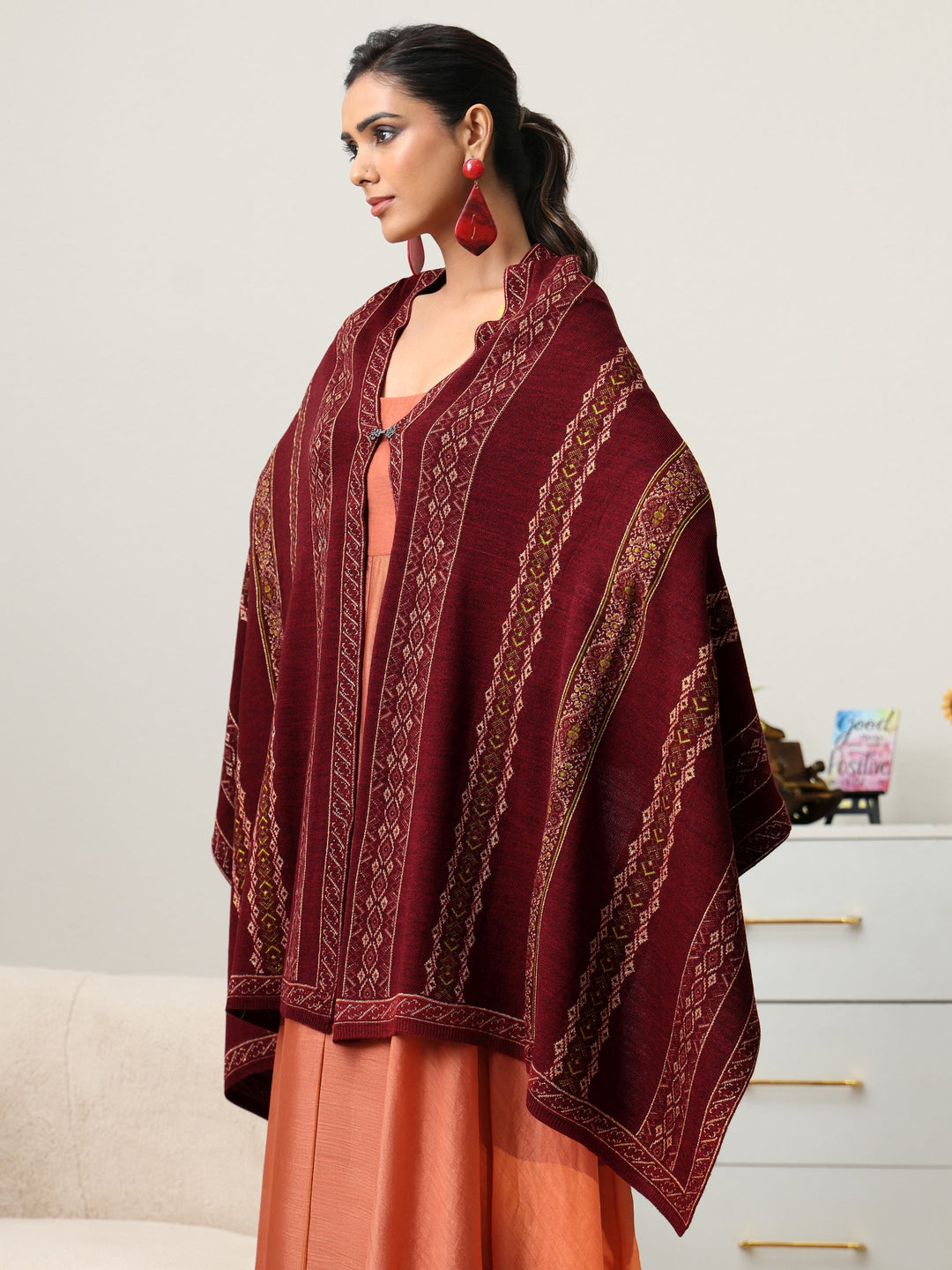  Libas Maroon Ethnic Knitted Acrylic Wrap Shawl 