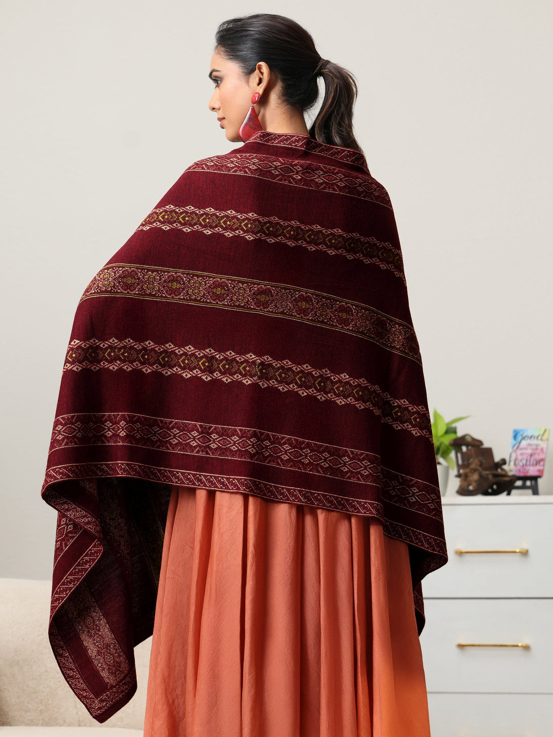  Libas Maroon Ethnic Knitted Acrylic Wrap Shawl 