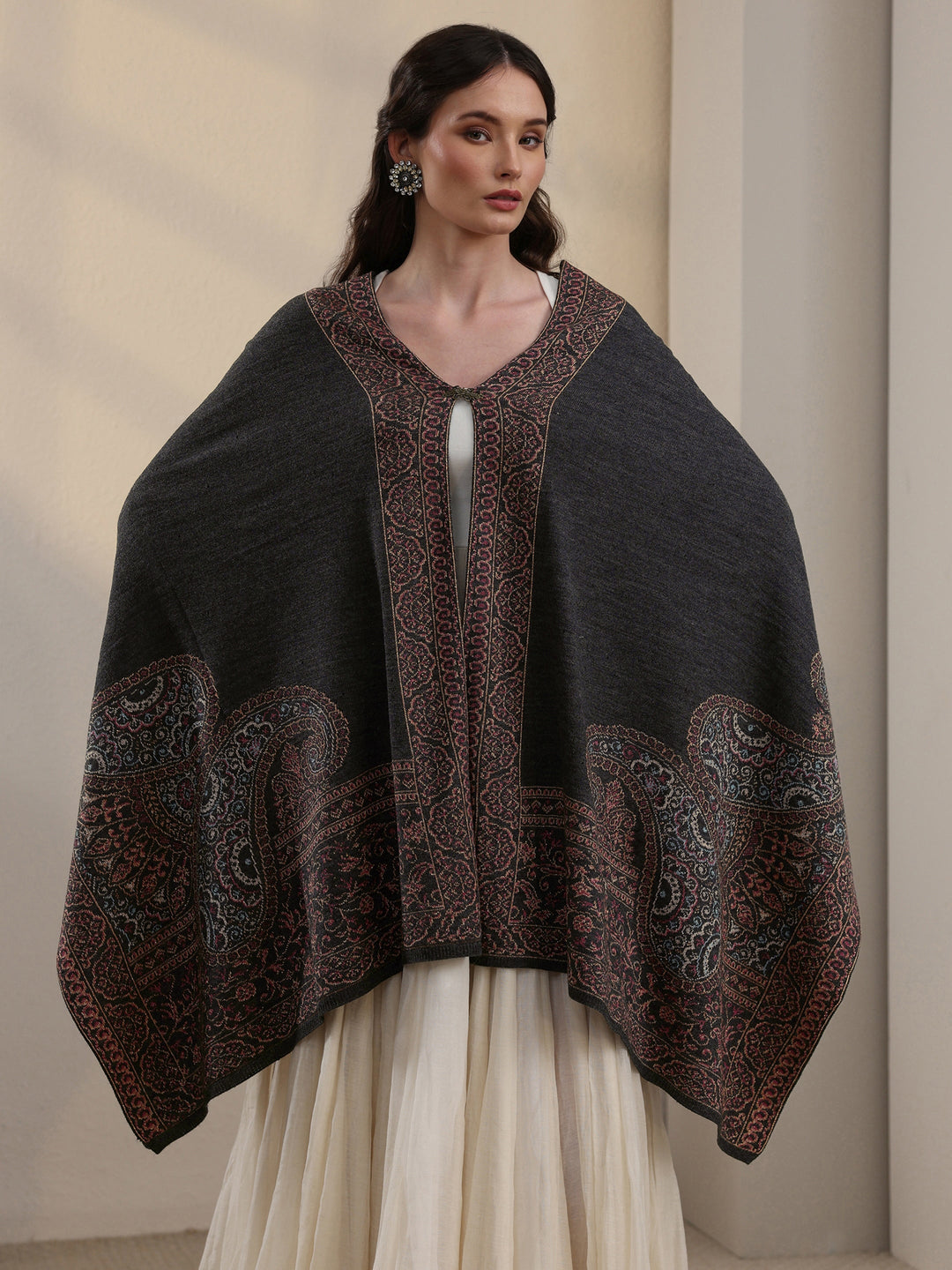  Libas Dark Grey Paisley Knitted Acrylic Wrap Shawl 