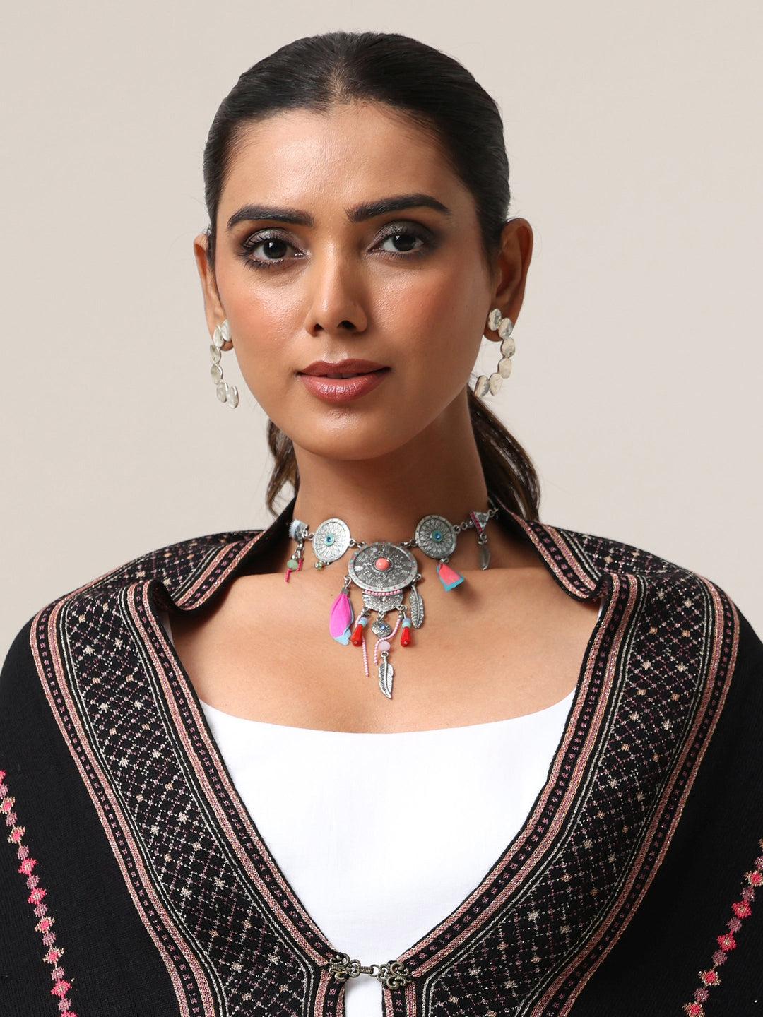  Libas Black Floral Knitted Acrylic Wrap Shawl 