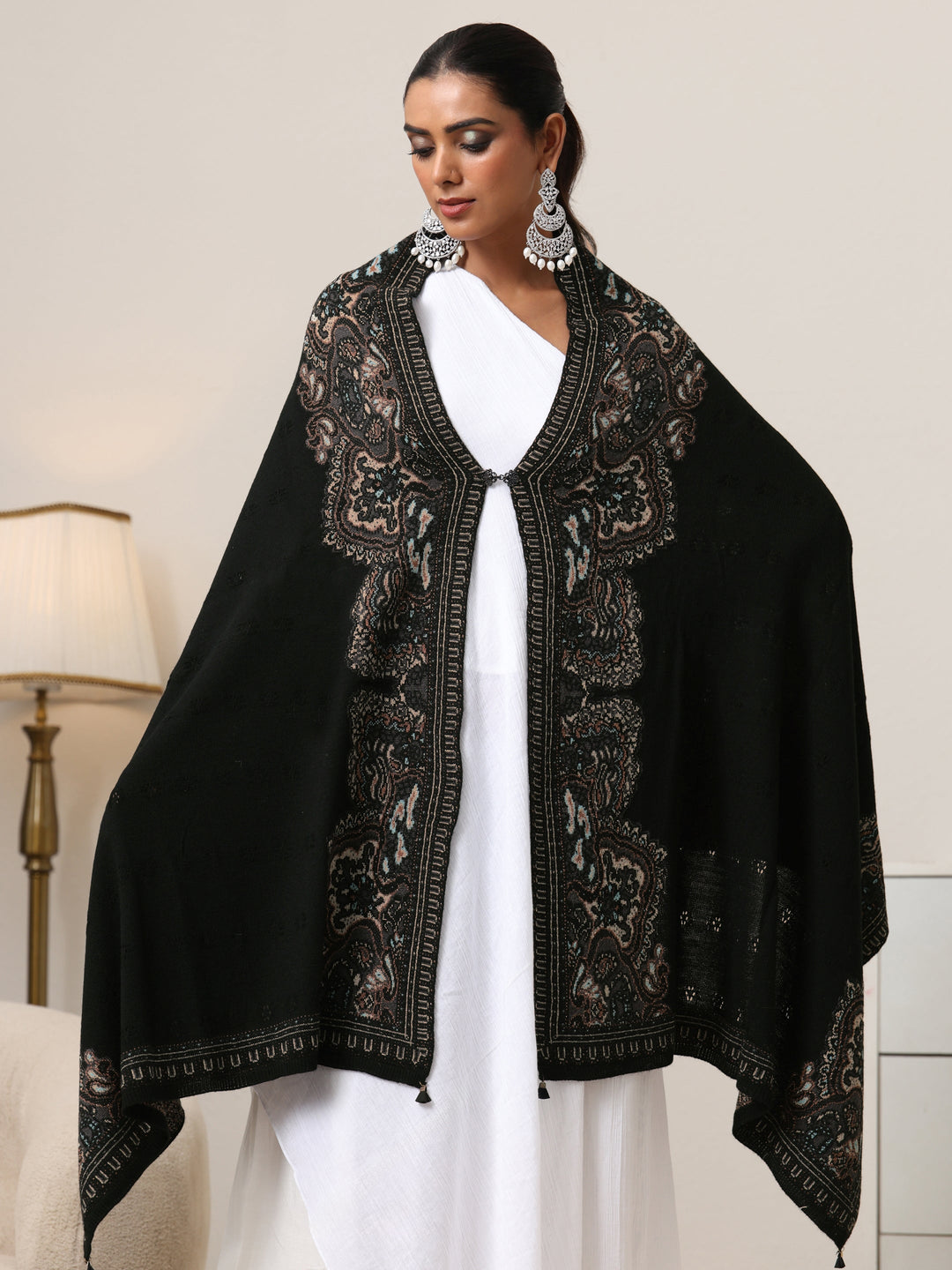  Libas Black Ethnic Knitted Acrylic Wrap Shawl 