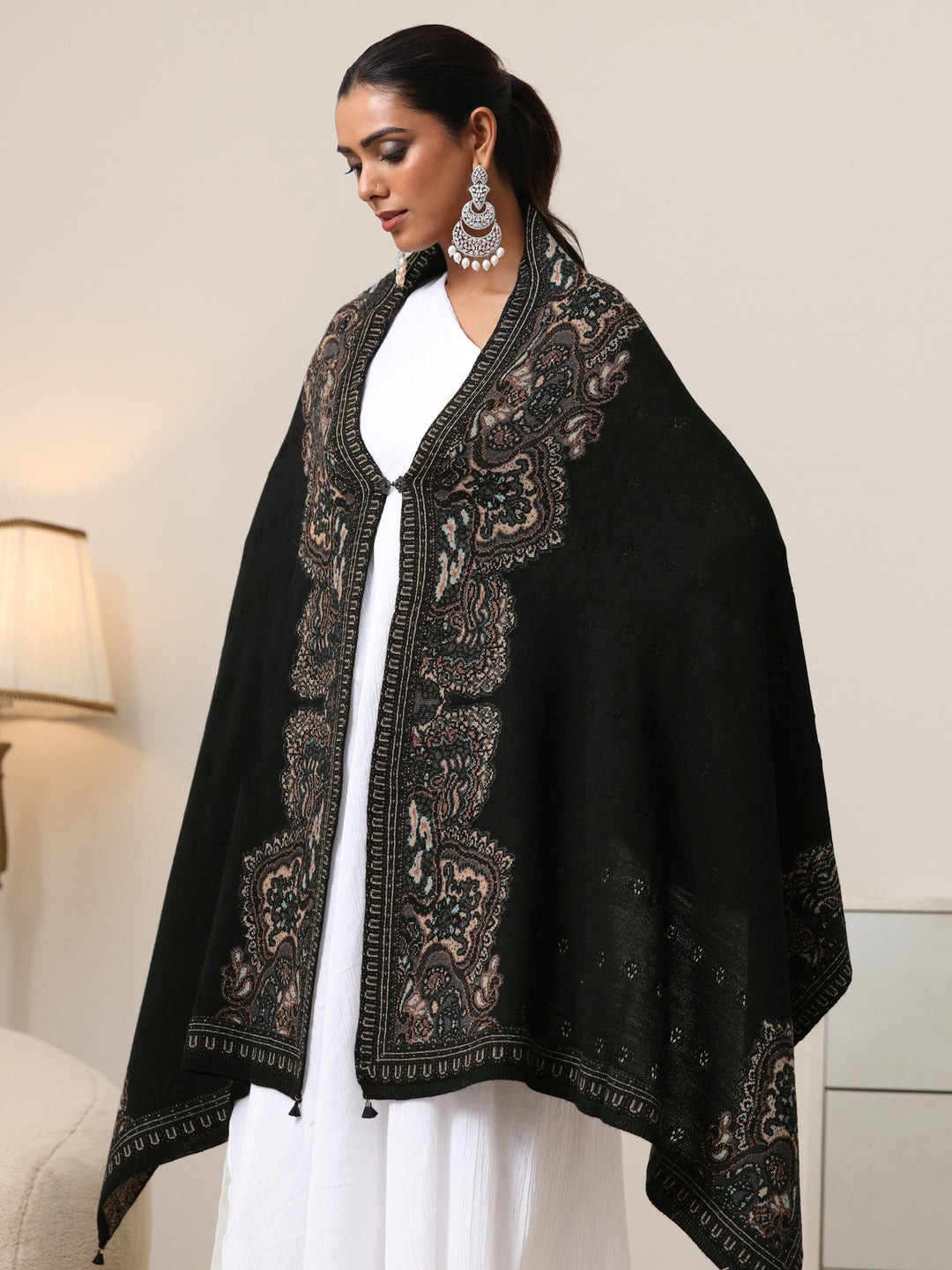  Libas Black Ethnic Knitted Acrylic Wrap Shawl 