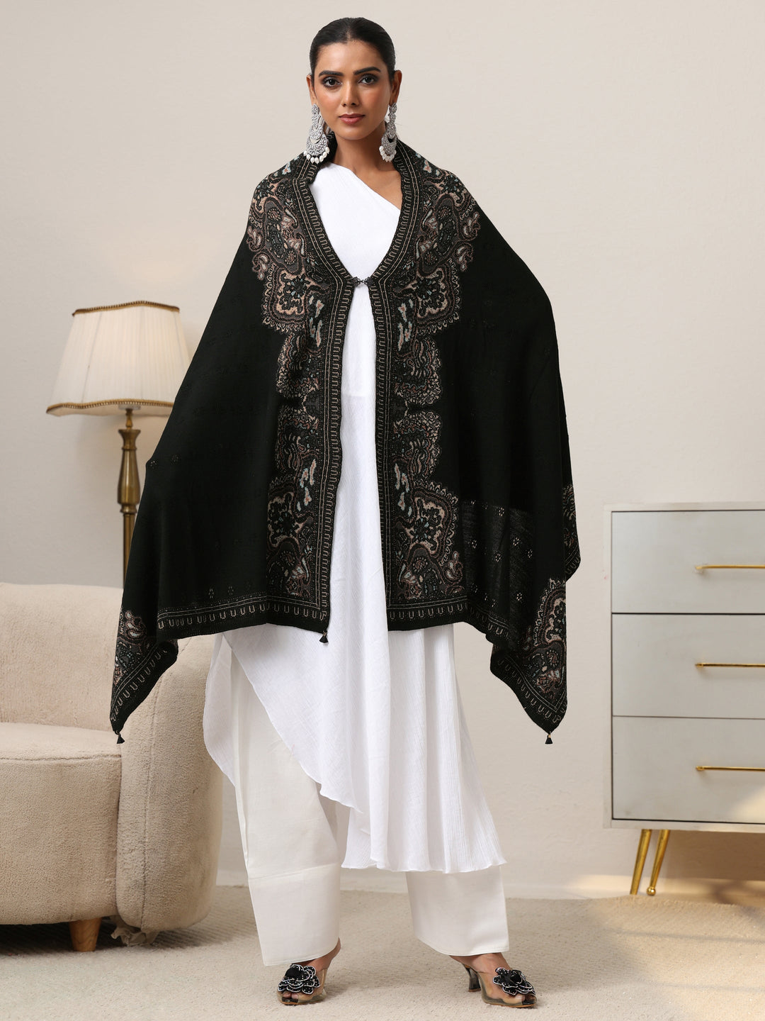  Libas Black Ethnic Knitted Acrylic Wrap Shawl 